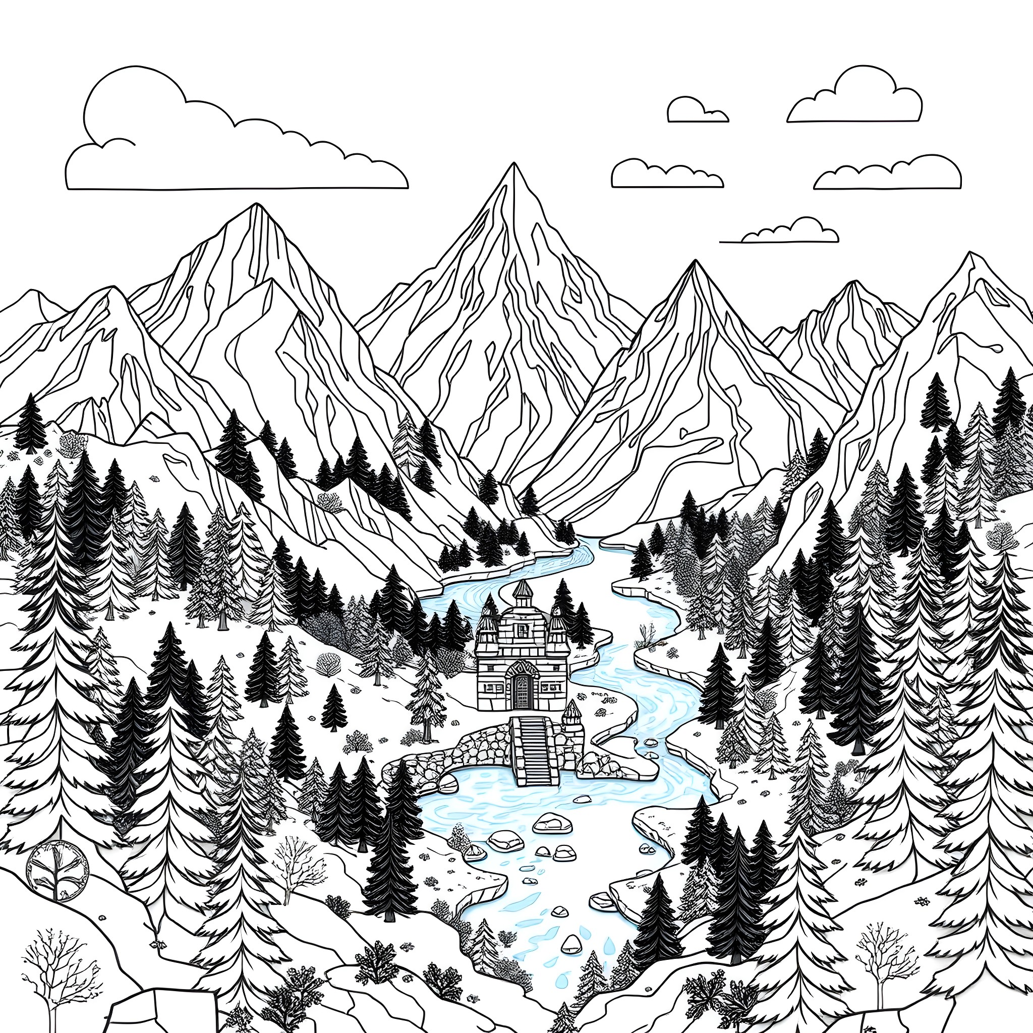 Minecraft scenic winter landscape with mountains and cabin Coloring Page (free black-and-white line drawing printable PDF for all, from beginners to advanced learners, including children, teens, adults, and seniors)