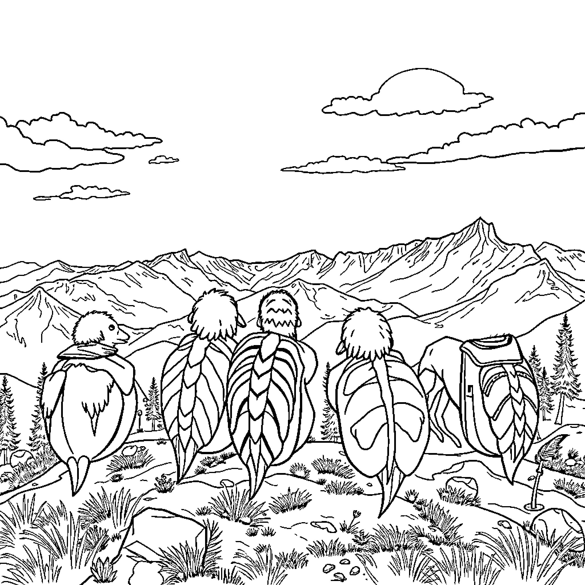 Breinbroth Creatures Exploring Mountainous Terrain Coloring Page (free black-and-white line drawing printable PDF for all, from beginners to advanced learners, including children, teens, adults, and seniors)