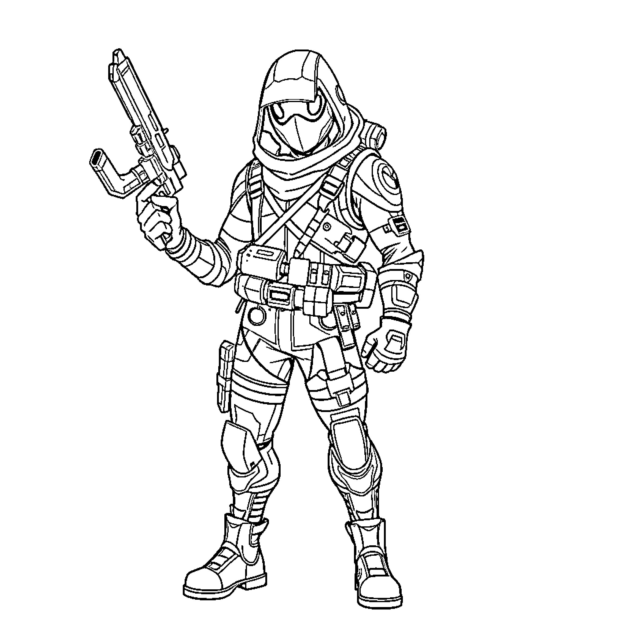 Fortnite character in combat gear holding a weapon Coloring Page (free black-and-white line drawing printable PDF for all, from beginners to advanced learners, including children, teens, adults, and seniors)