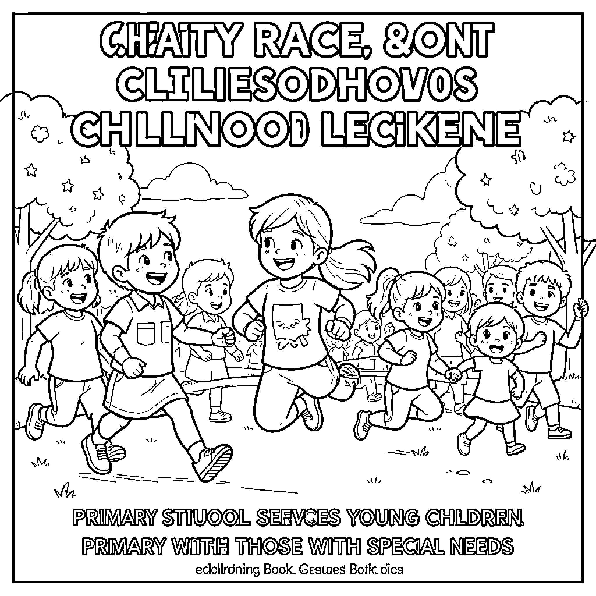 Carrera of joyful children running together in a field Coloring Page (free black-and-white line drawing printable PDF for all, from beginners to advanced learners, including children, teens, adults, and seniors)