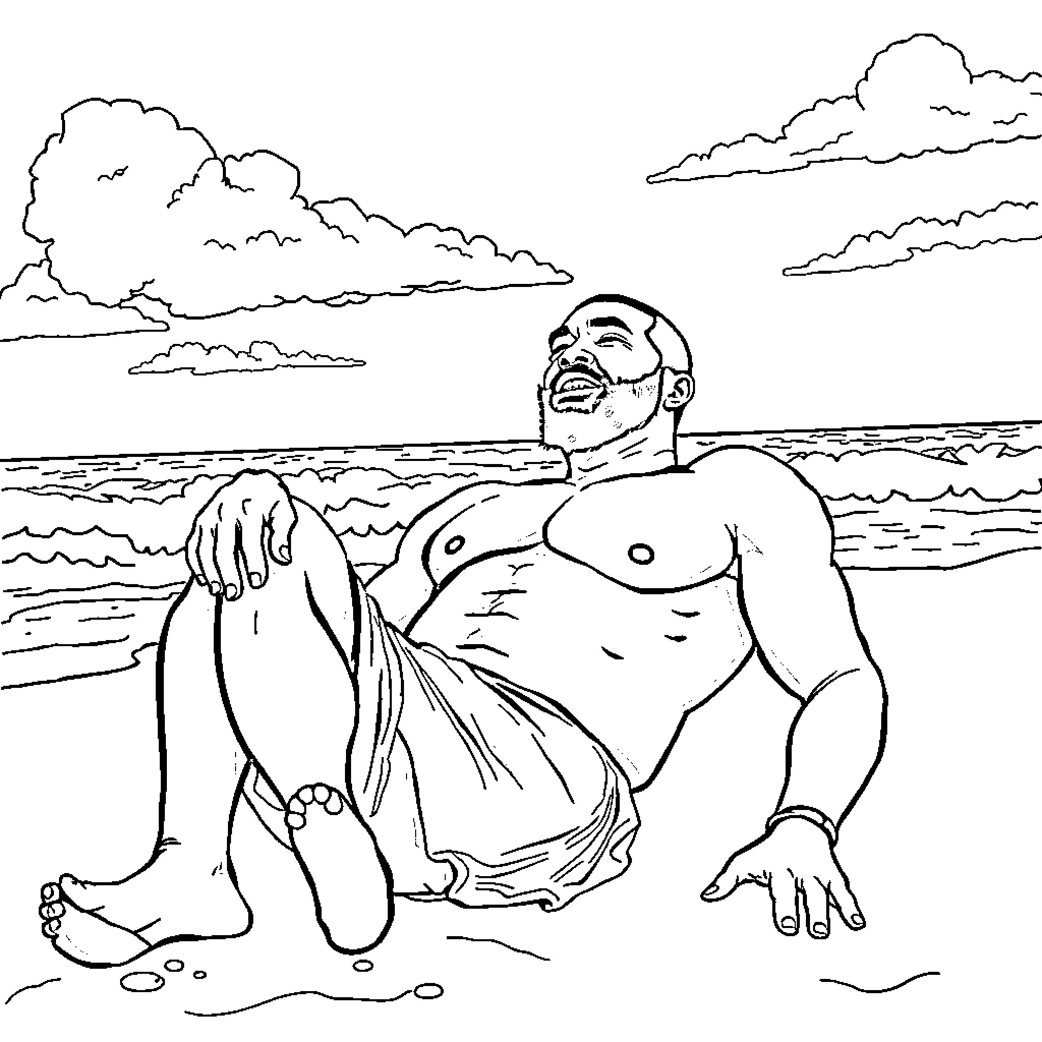 Kendrick Perkins relaxing on the beach Coloring Page (free black-and-white line drawing printable PDF for all, from beginners to advanced learners, including children, teens, adults, and seniors)