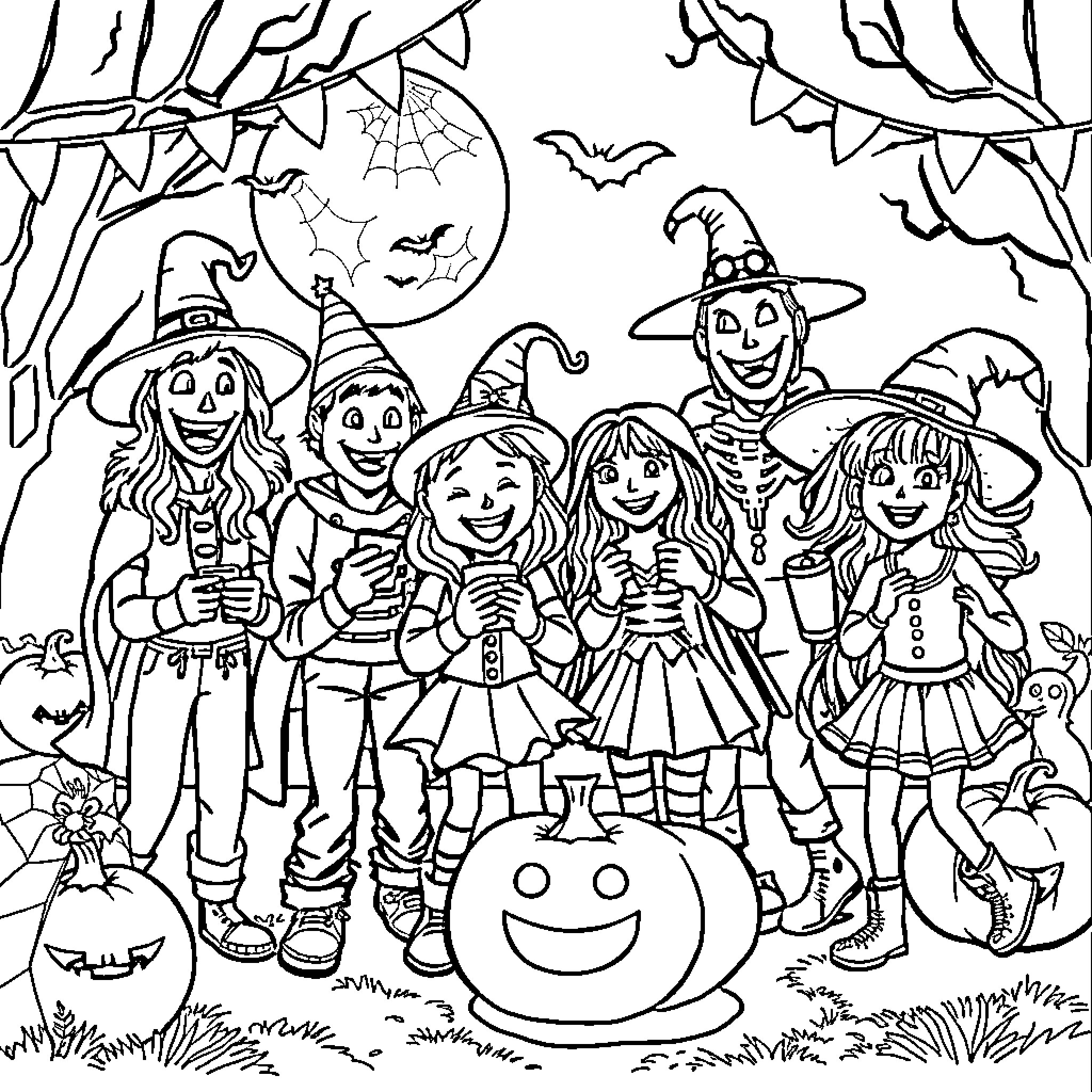 Person dressed up for Halloween in a forest scene Coloring Page (free black-and-white line drawing printable PDF for all, from beginners to advanced learners, including children, teens, adults, and seniors)