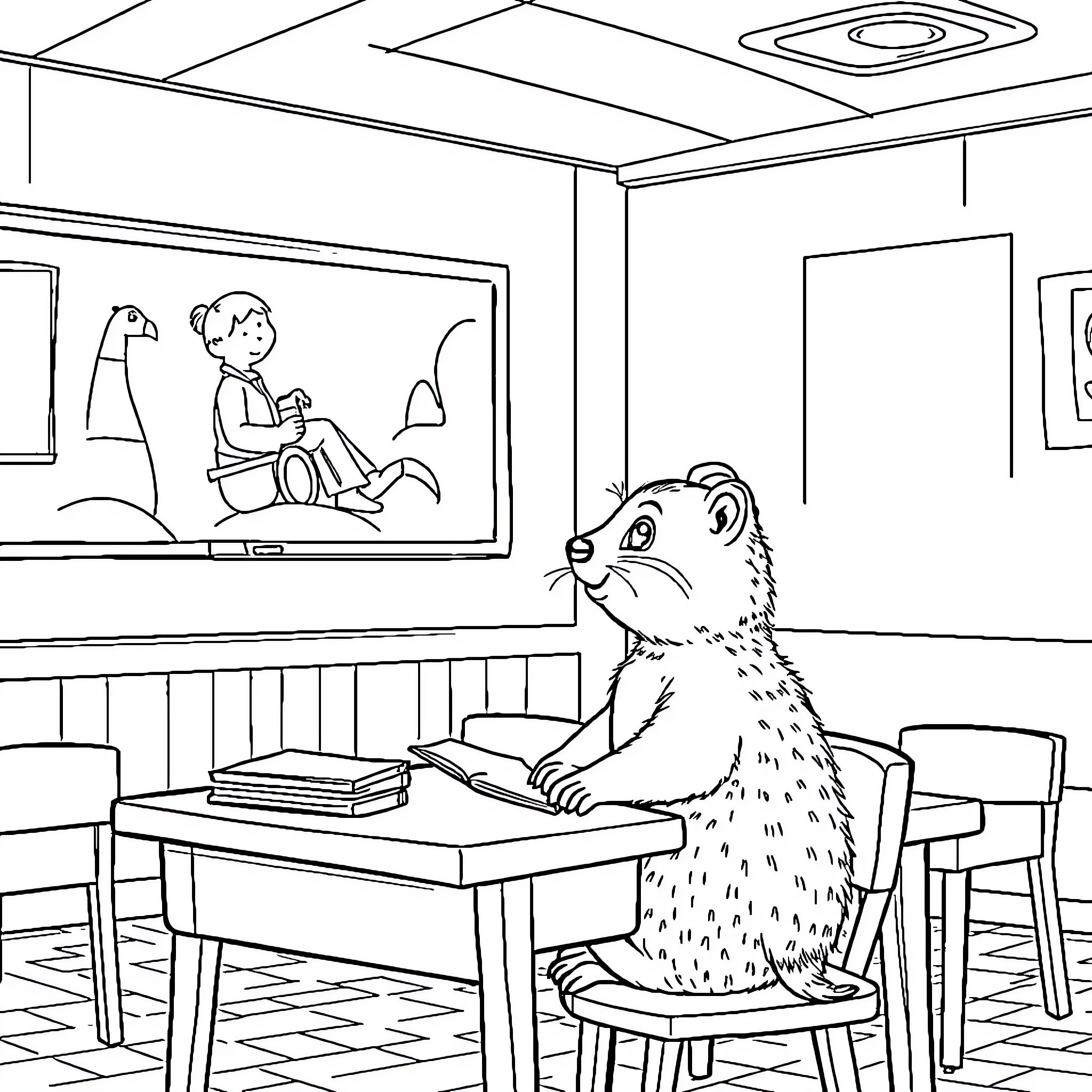 Bear studying diligently in a cozy classroom Coloring Page (free black-and-white line drawing printable PDF for all, from beginners to advanced learners, including children, teens, adults, and seniors)
