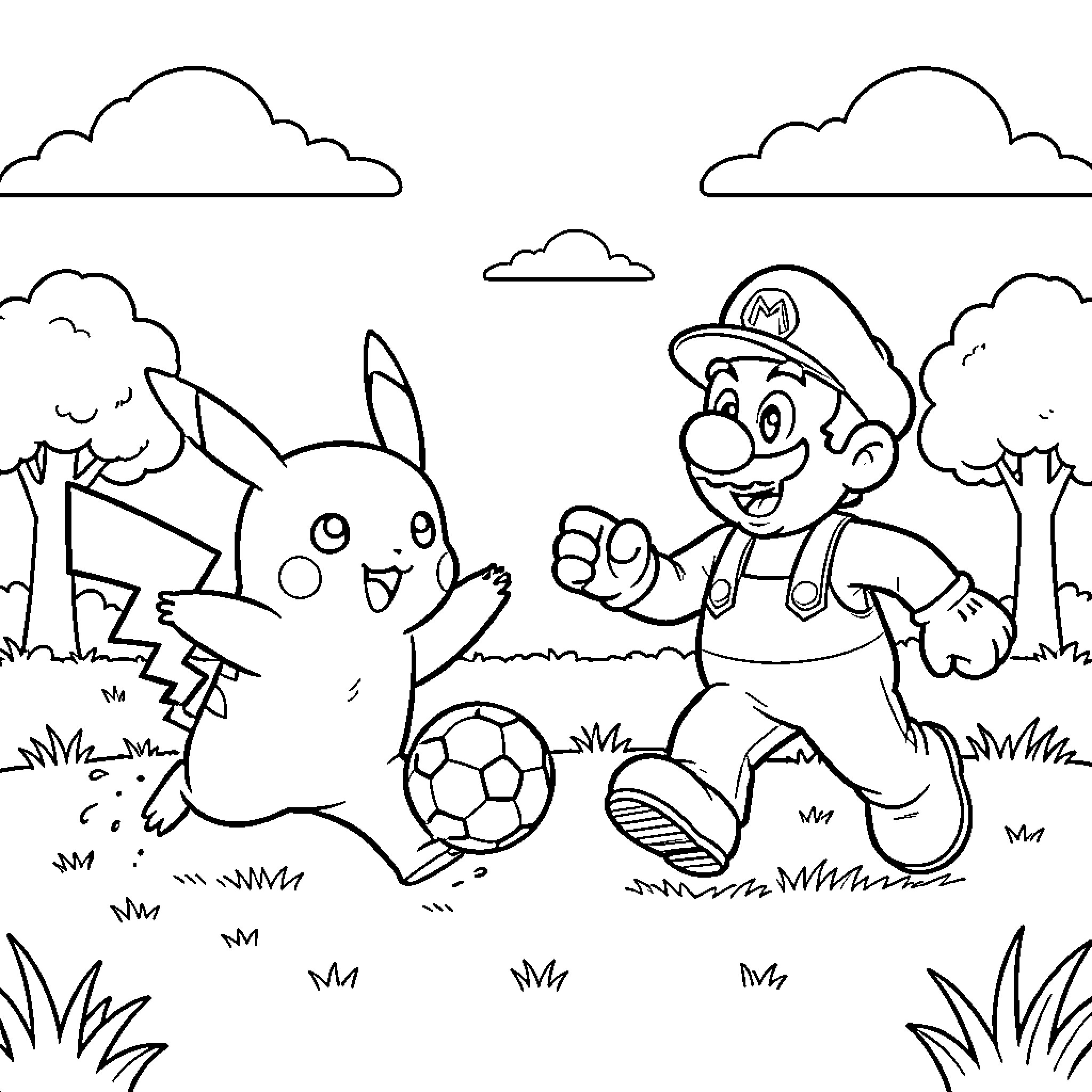 Pikachu and Mario playing soccer in a grassy field Coloring Page (free black-and-white line drawing printable PDF for all, from beginners to advanced learners, including children, teens, adults, and seniors)