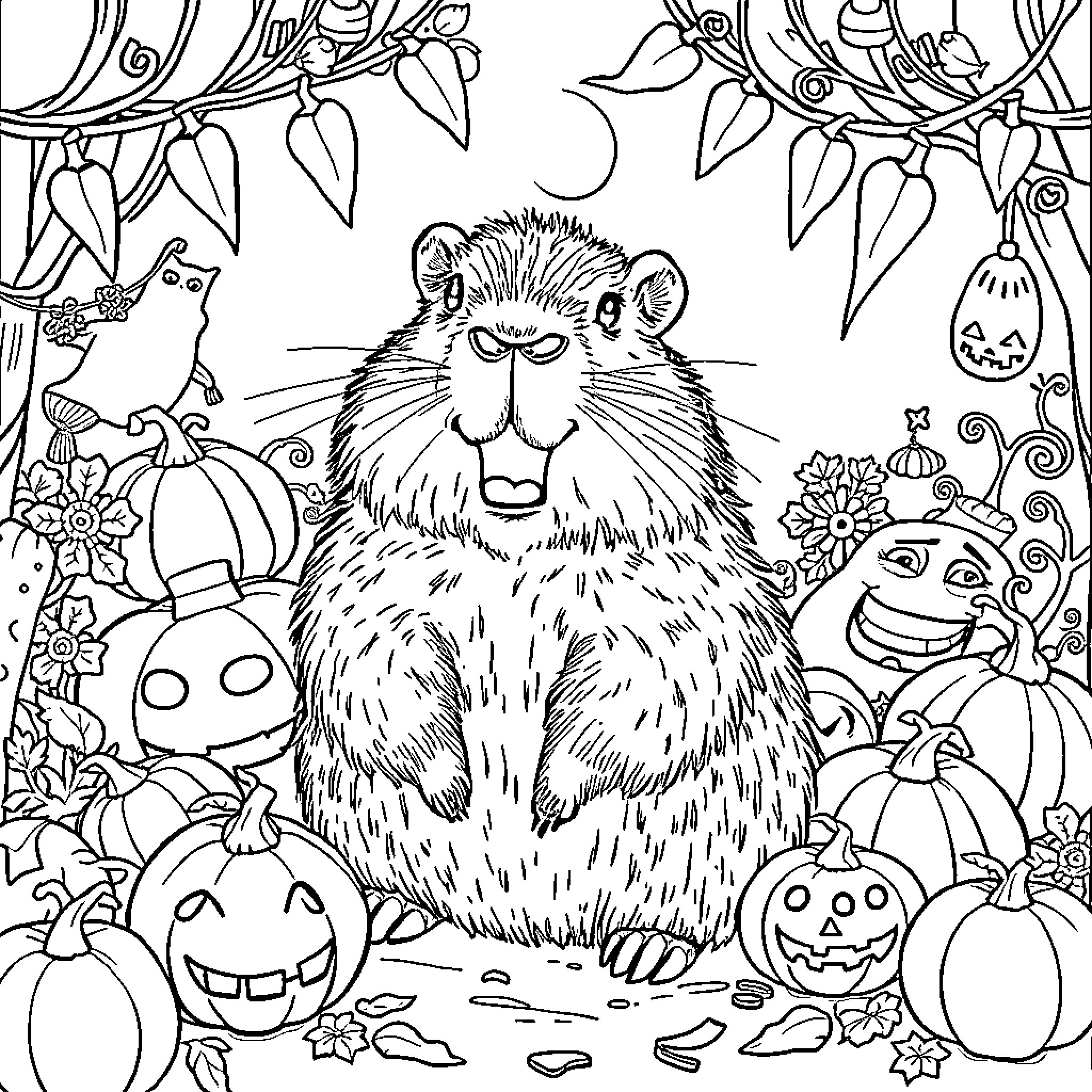 Capybara surrounded by Halloween decorations Coloring Page (free black-and-white line drawing printable PDF for all, from beginners to advanced learners, including children, teens, adults, and seniors)