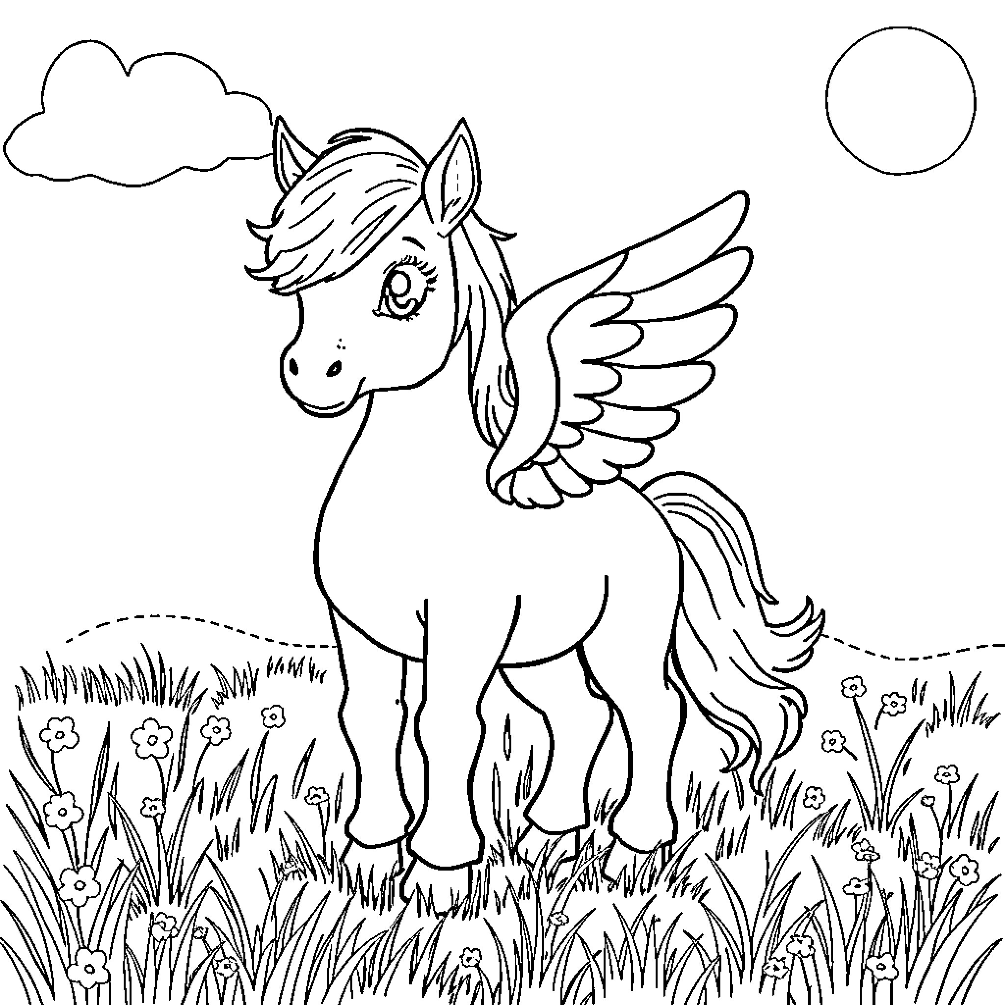 Pegasus soaring through the meadow Coloring Page (free black-and-white line drawing printable PDF for all, from beginners to advanced learners, including children, teens, adults, and seniors)