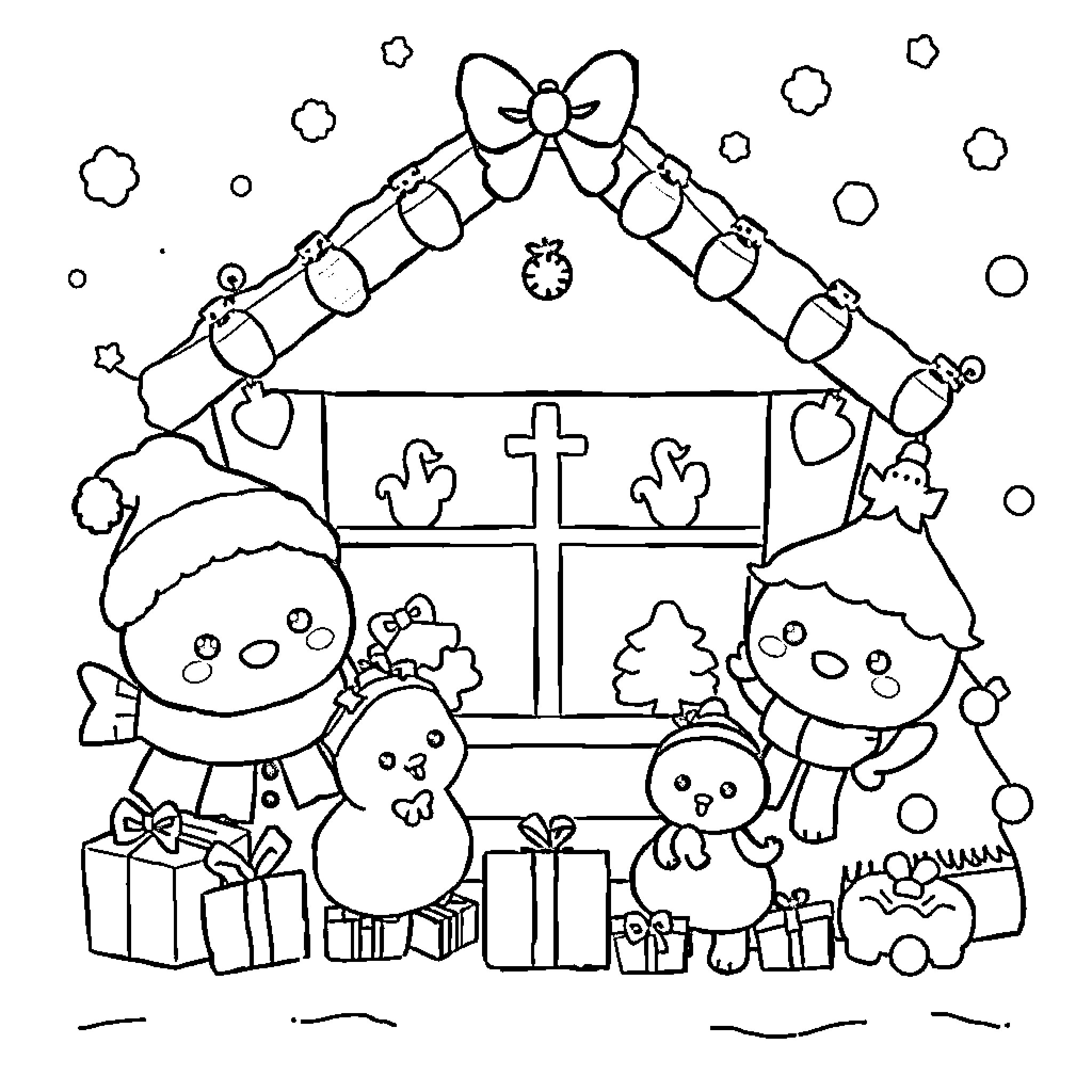 Christmas celebration with cute characters Coloring Page (free black-and-white line drawing printable PDF for all, from beginners to advanced learners, including children, teens, adults, and seniors)
