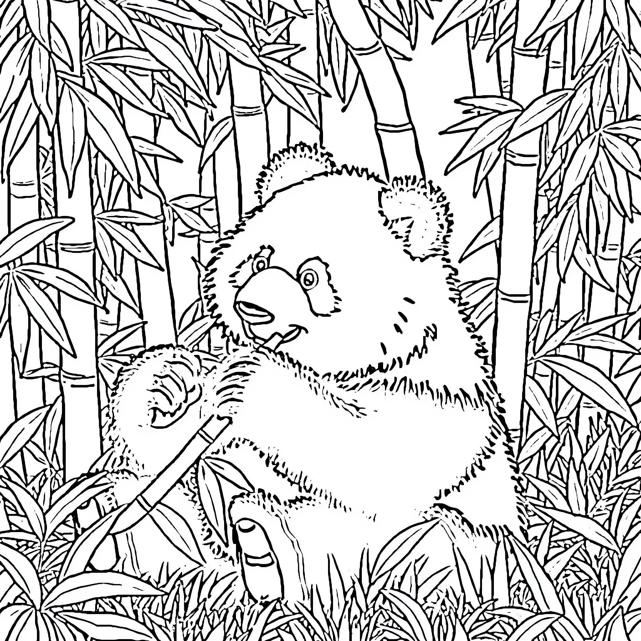 Panda relaxing amidst bamboo forest Coloring Page (free black-and-white line drawing printable PDF for all, from beginners to advanced learners, including children, teens, adults, and seniors)