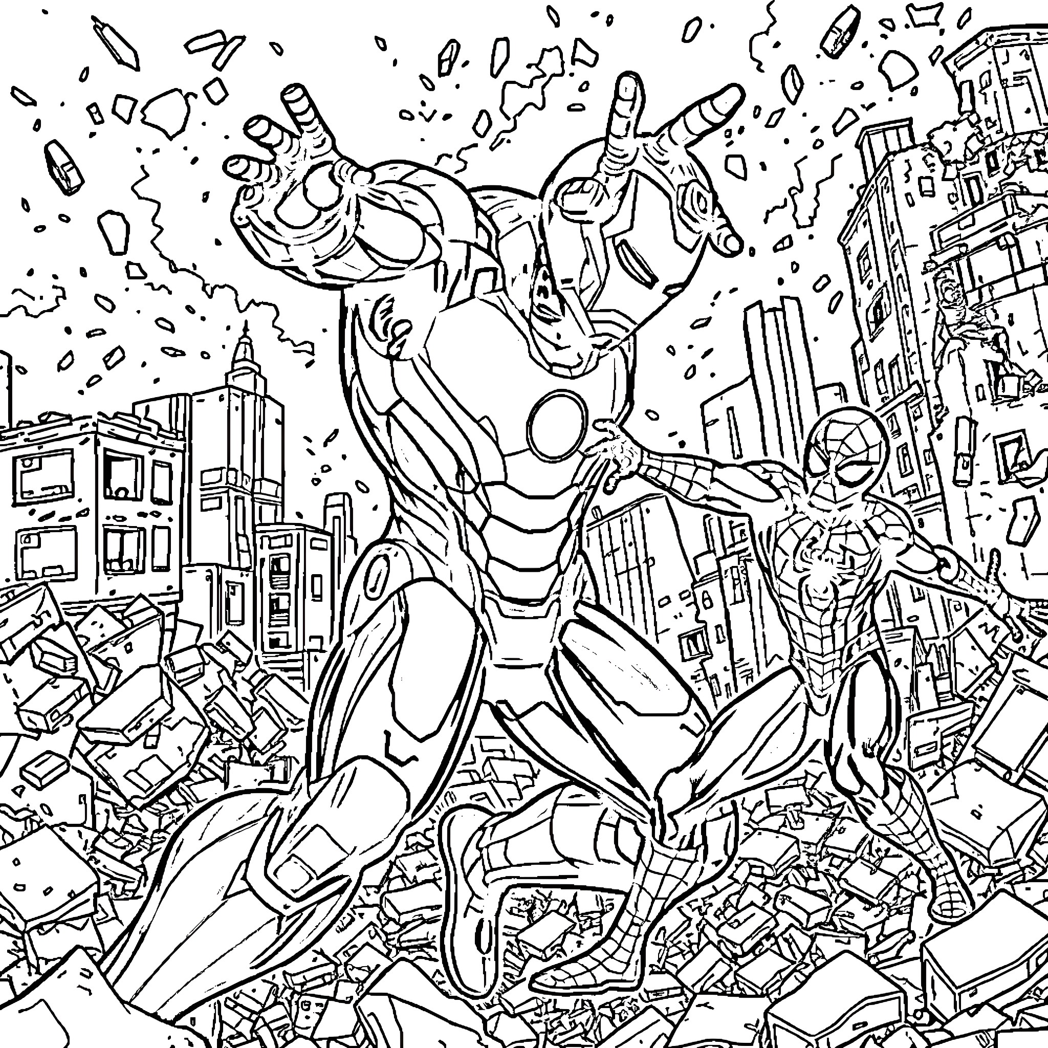 Iron Man battles heroically in the city Coloring Page (free black-and-white line drawing printable PDF for all, from beginners to advanced learners, including children, teens, adults, and seniors)