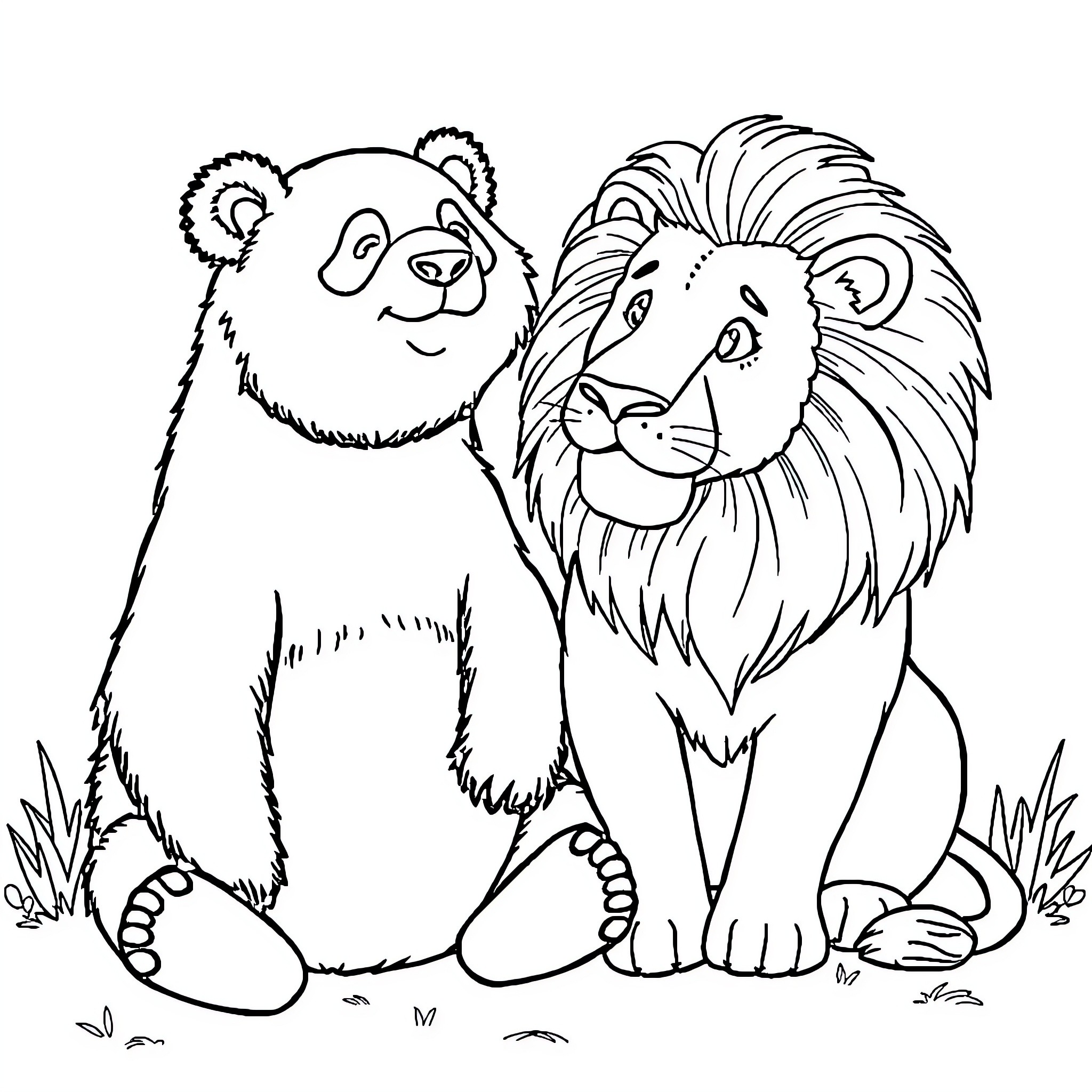 Panda and Lion Together in Nature Coloring Page (free black-and-white line drawing printable PDF for all, from beginners to advanced learners, including children, teens, adults, and seniors)