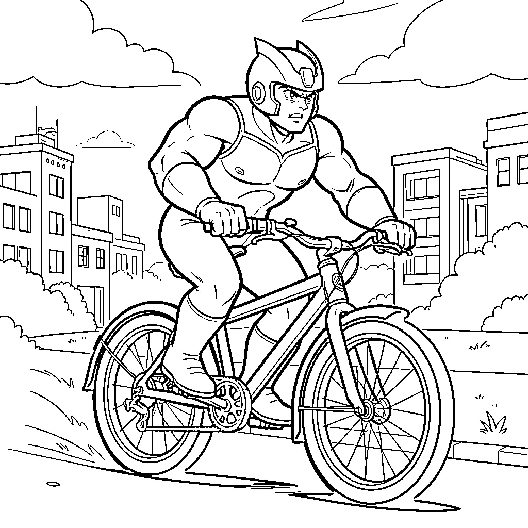 Goldorak riding a bicycle through a city street Coloring Page (free black-and-white line drawing printable PDF for all, from beginners to advanced learners, including children, teens, adults, and seniors)