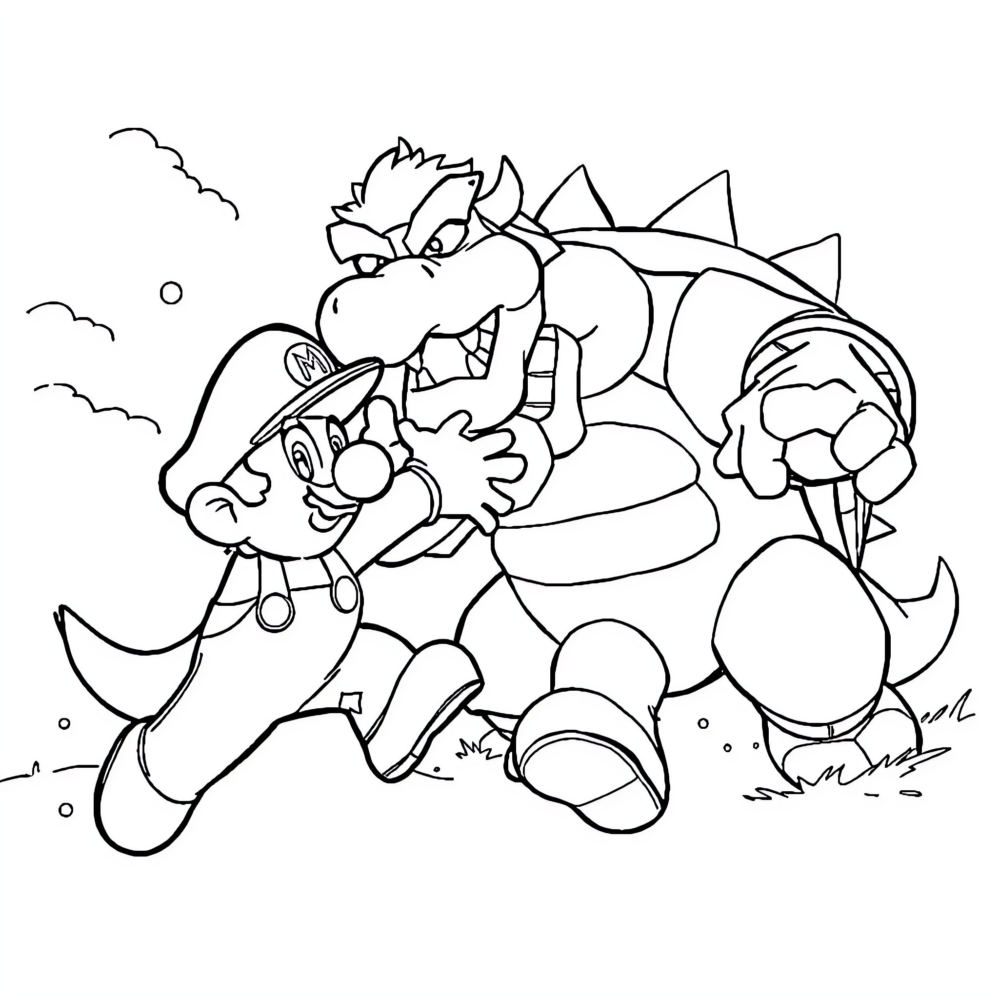 Mario battling a fearsome enemy Coloring Page (free black-and-white line drawing printable PDF for all, from beginners to advanced learners, including children, teens, adults, and seniors)