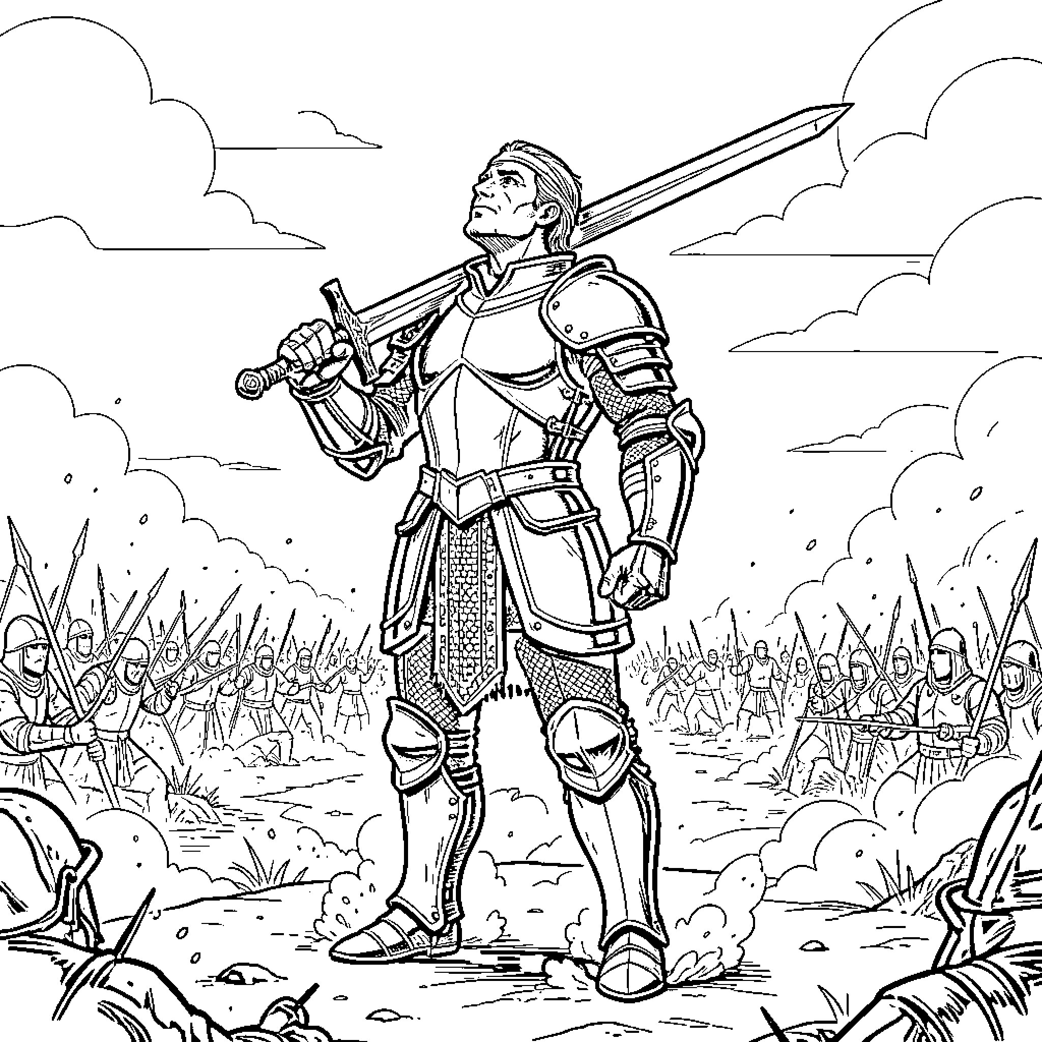 Knight standing heroically with a large sword Coloring Page (free black-and-white line drawing printable PDF for all, from beginners to advanced learners, including children, teens, adults, and seniors)