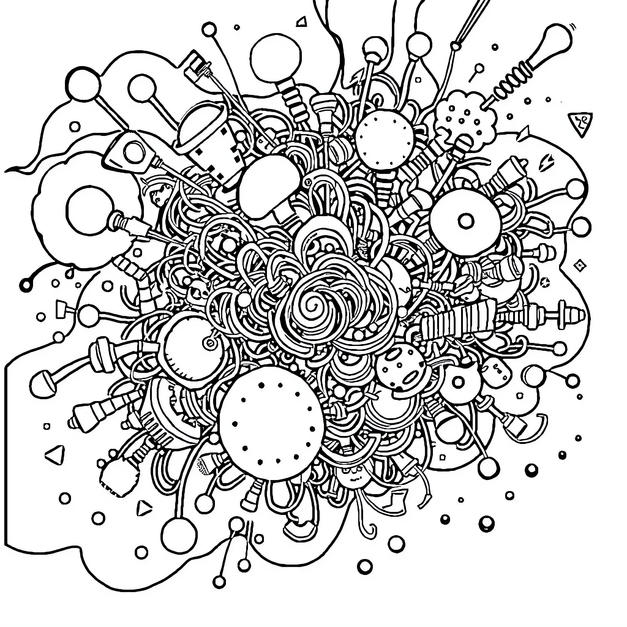 Brainrot: A Tangled Explosion of Abstract Shapes and Patterns Coloring Page (free black-and-white line drawing printable PDF for all, from beginners to advanced learners, including children, teens, adults, and seniors)