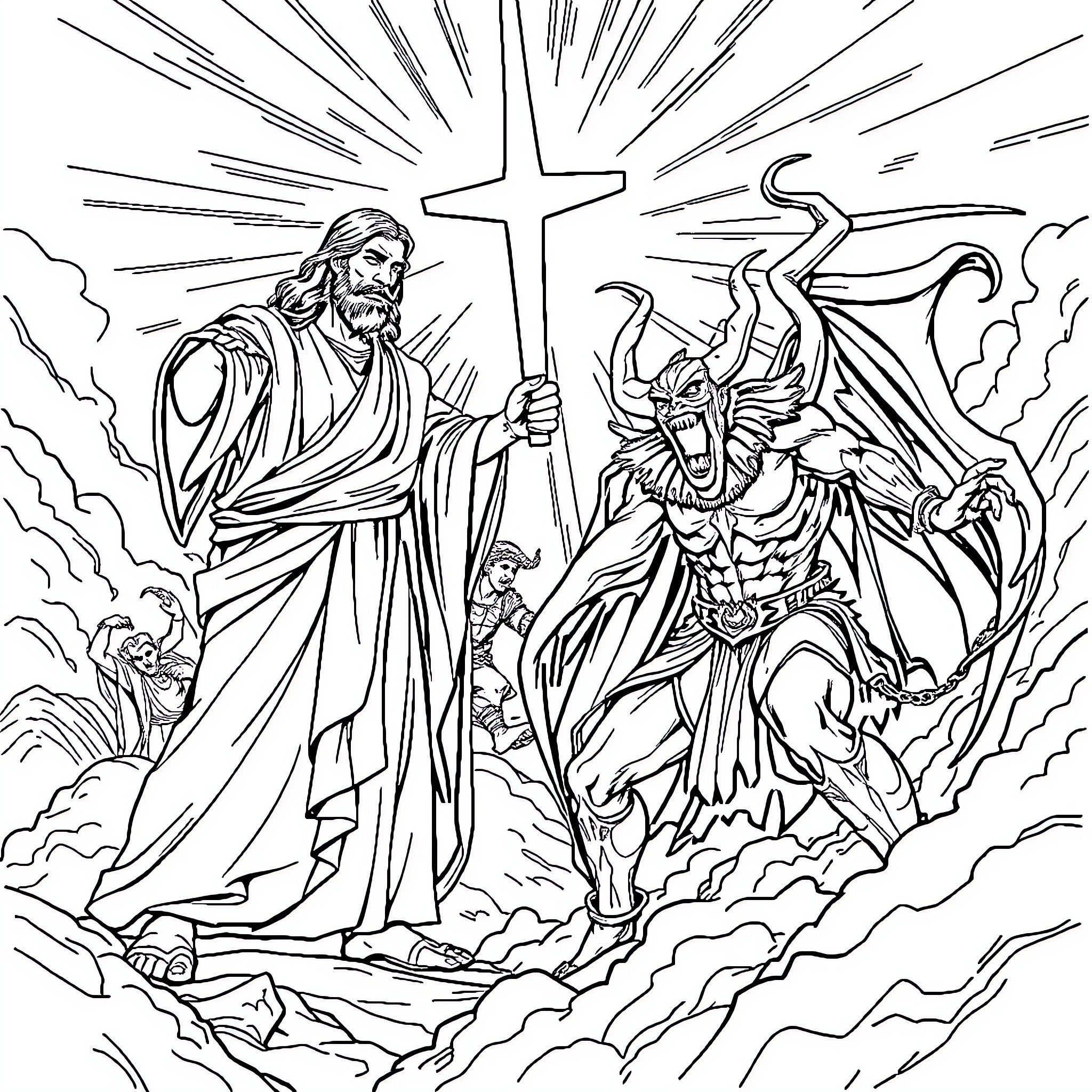 Jesus Defeats the Devil in Spiritual Battle Coloring Page (free black-and-white line drawing printable PDF for all, from beginners to advanced learners, including children, teens, adults, and seniors)