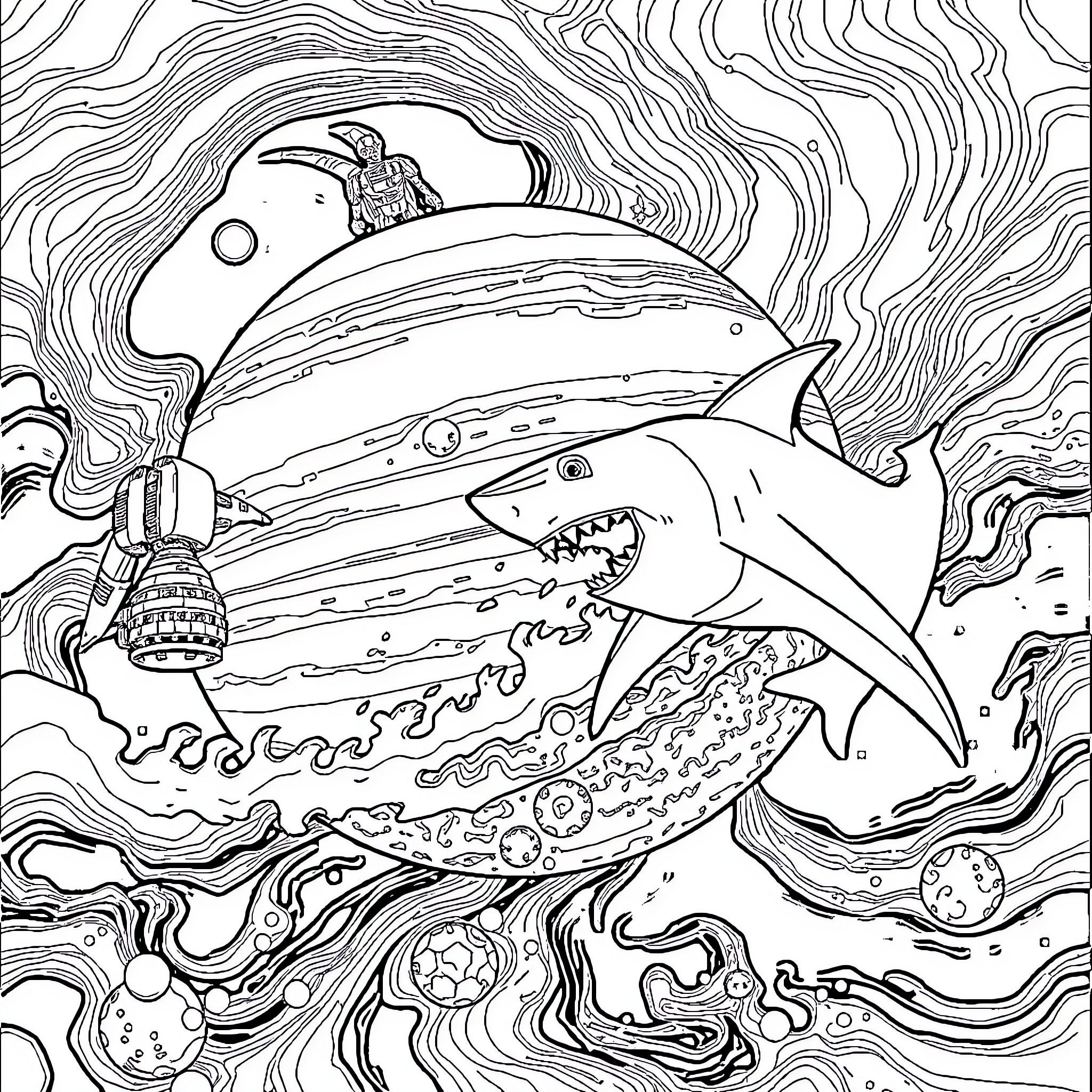 Robot shark riding in a surreal underwater scene Coloring Page (free black-and-white line drawing printable PDF for all, from beginners to advanced learners, including children, teens, adults, and seniors)