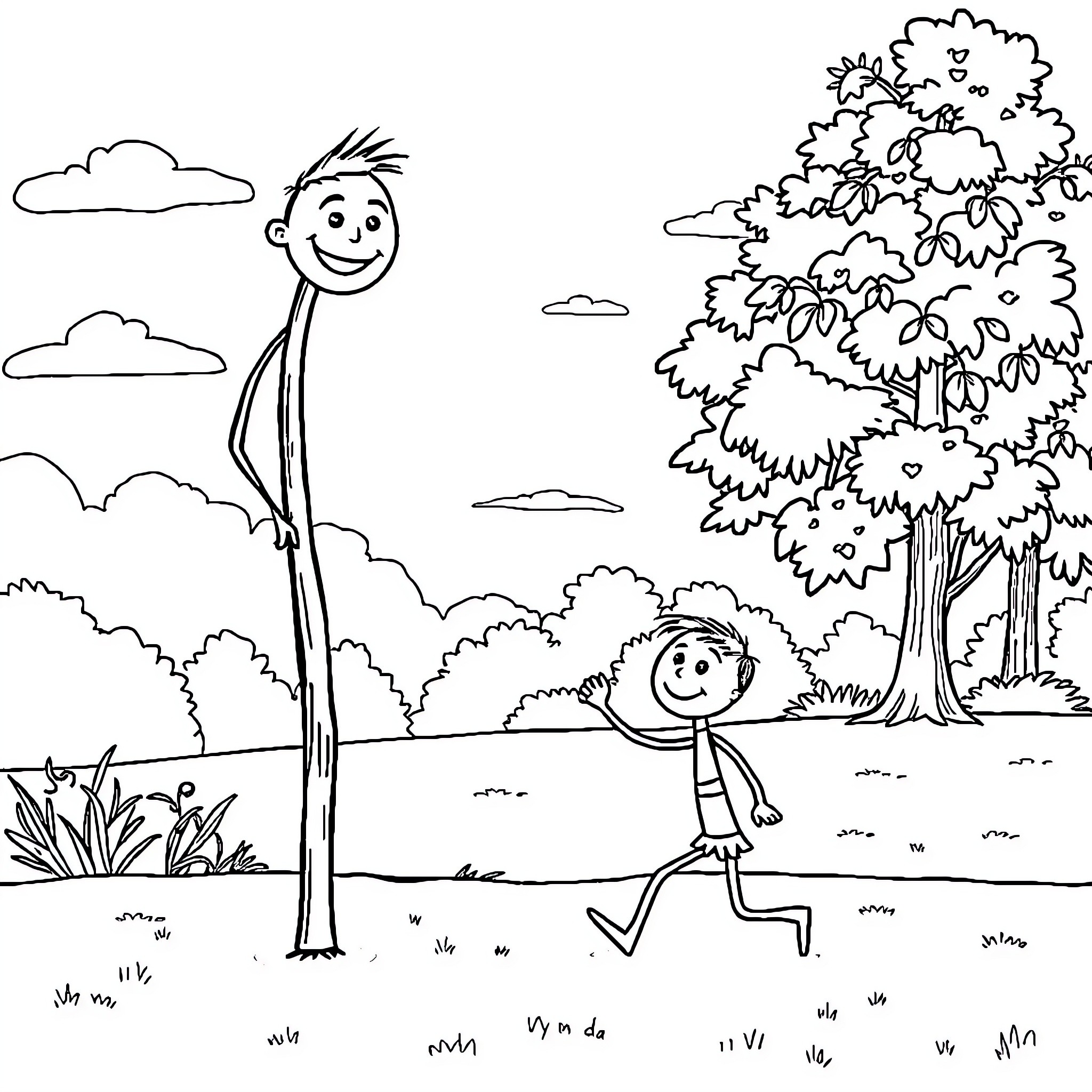 Stick Man exploring the natural landscape Coloring Page (free black-and-white line drawing printable PDF for all, from beginners to advanced learners, including children, teens, adults, and seniors)