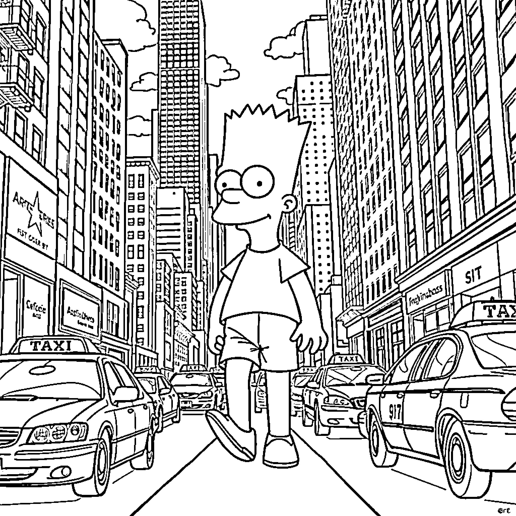 Bart Simpson exploring the bustling city streets Coloring Page (free black-and-white line drawing printable PDF for all, from beginners to advanced learners, including children, teens, adults, and seniors)