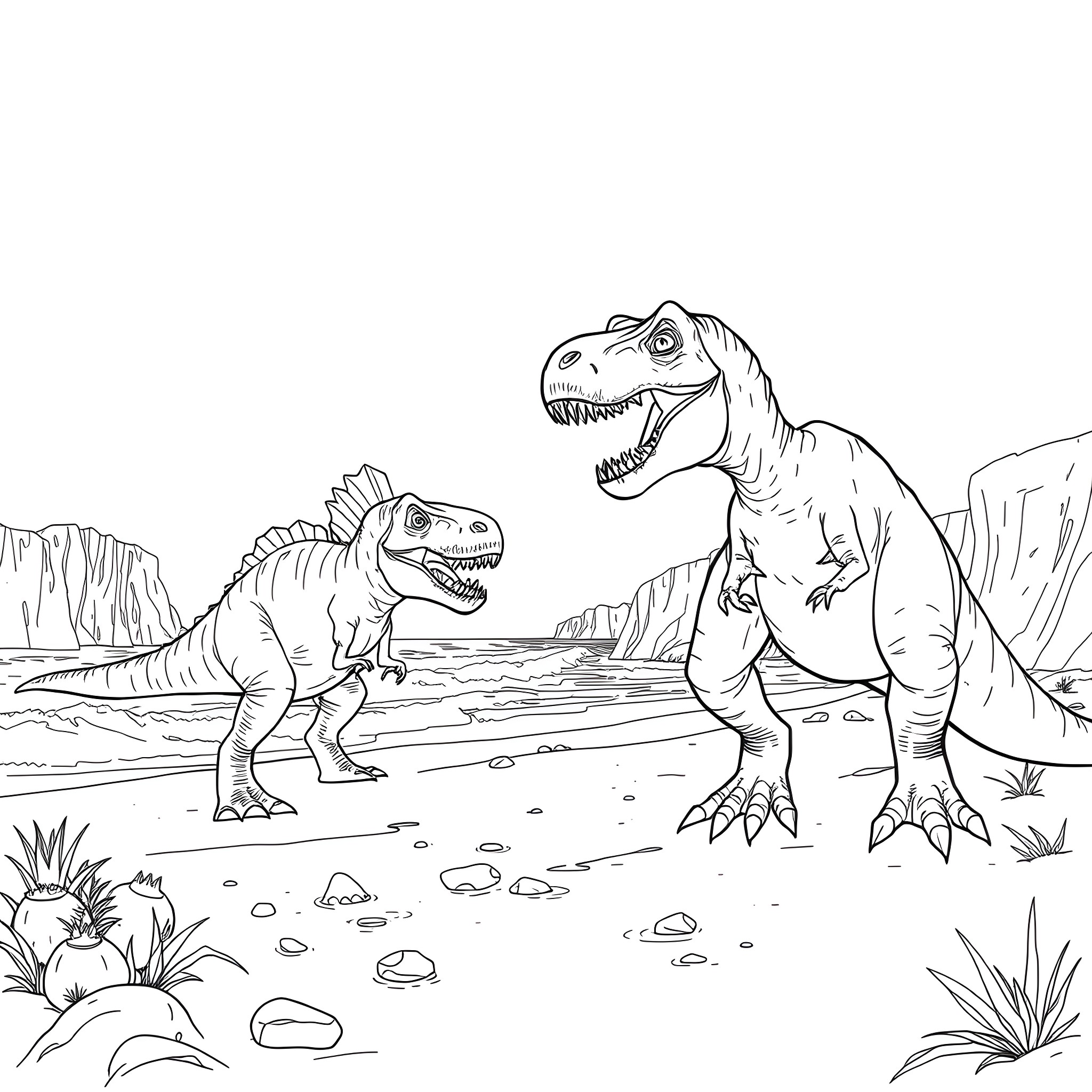 Dinosaurs battling fiercely in prehistoric landscape Coloring Page (free black-and-white line drawing printable PDF for all, from beginners to advanced learners, including children, teens, adults, and seniors)
