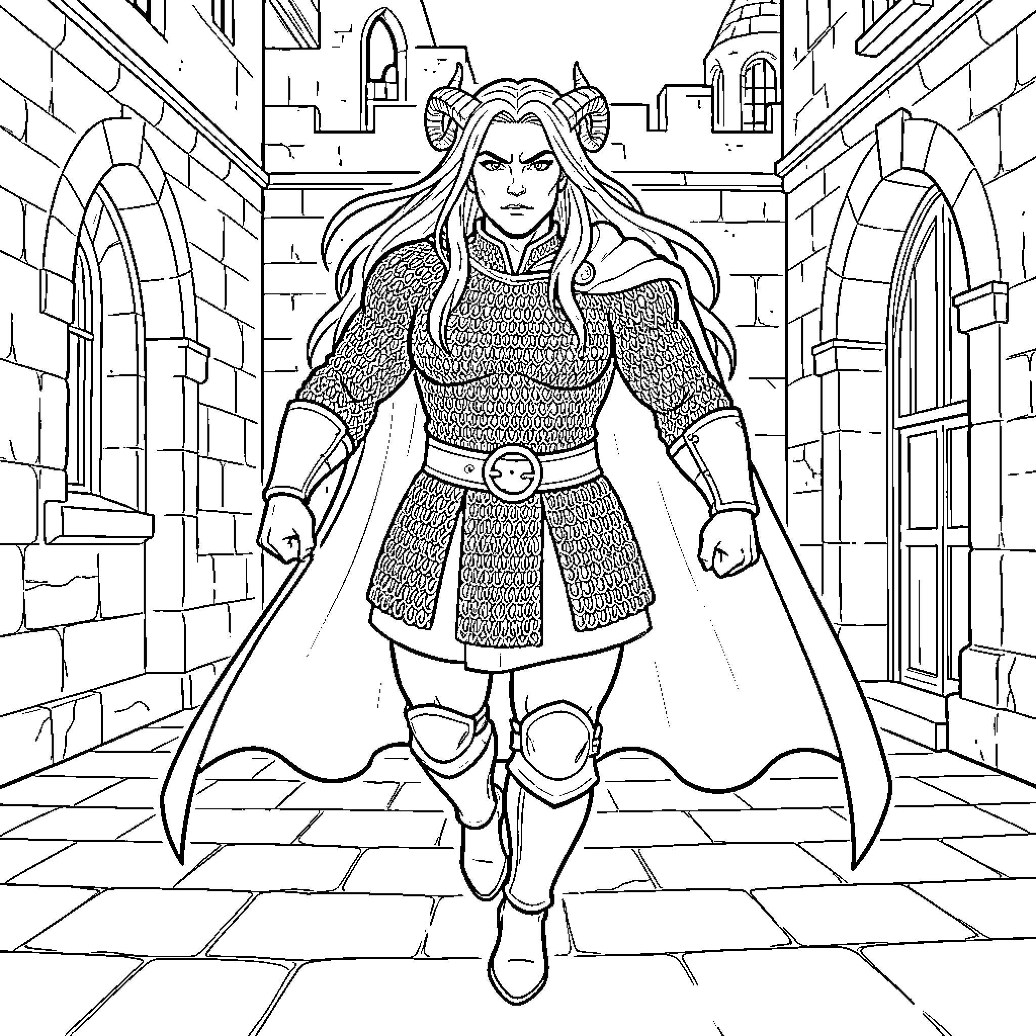 Warrior walking confidently through a stone castle hallway Coloring Page (free black-and-white line drawing printable PDF for all, from beginners to advanced learners, including children, teens, adults, and seniors)