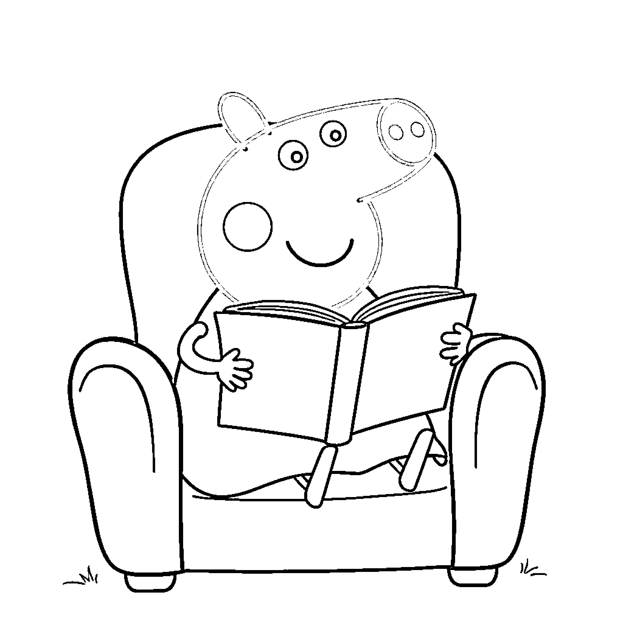 Peppa Pig reading a book on a chair Coloring Page (free black-and-white line drawing printable PDF for all, from beginners to advanced learners, including children, teens, adults, and seniors)