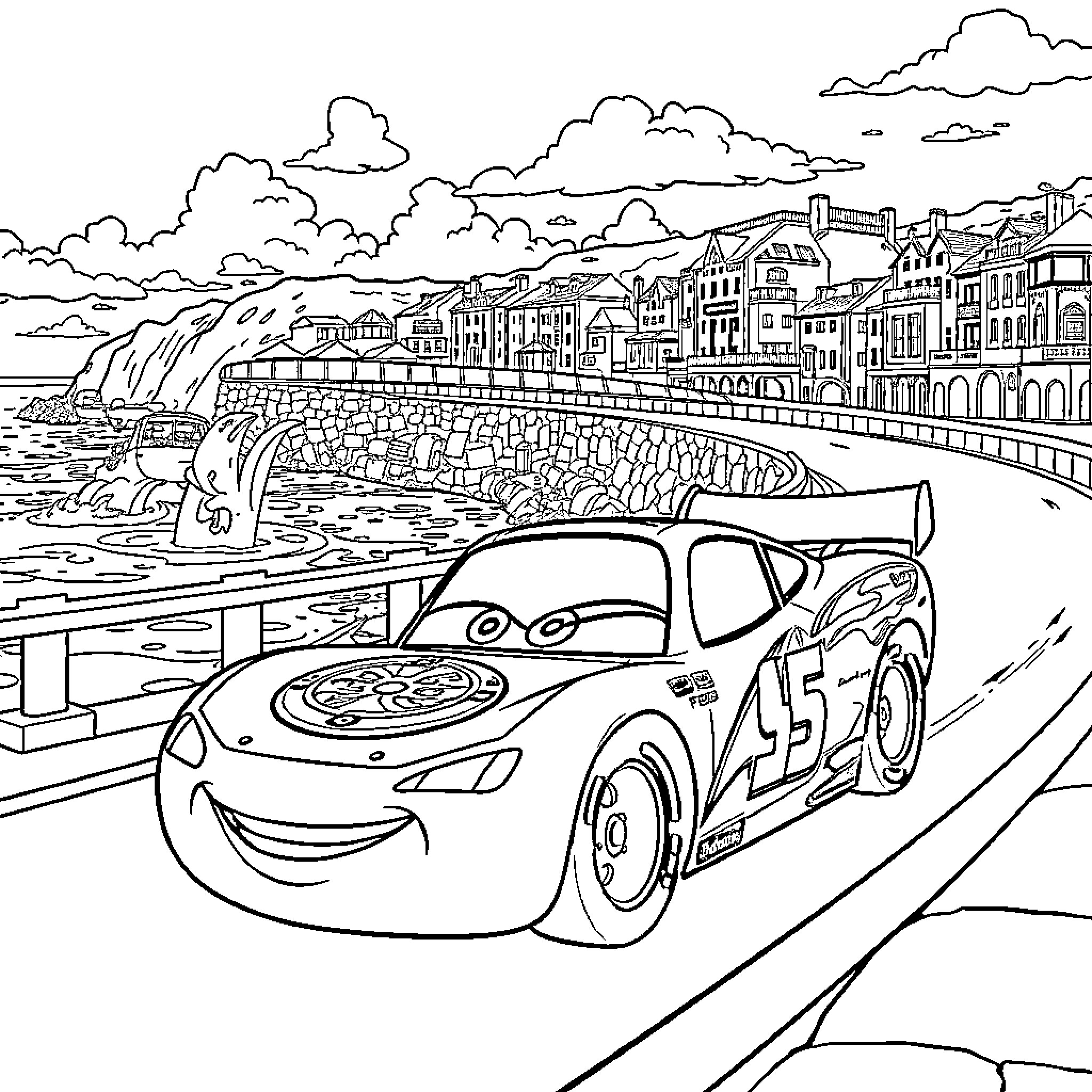 Lightning McQueen in a colorful racing scene Coloring Page (free black-and-white line drawing printable PDF for all, from beginners to advanced learners, including children, teens, adults, and seniors)