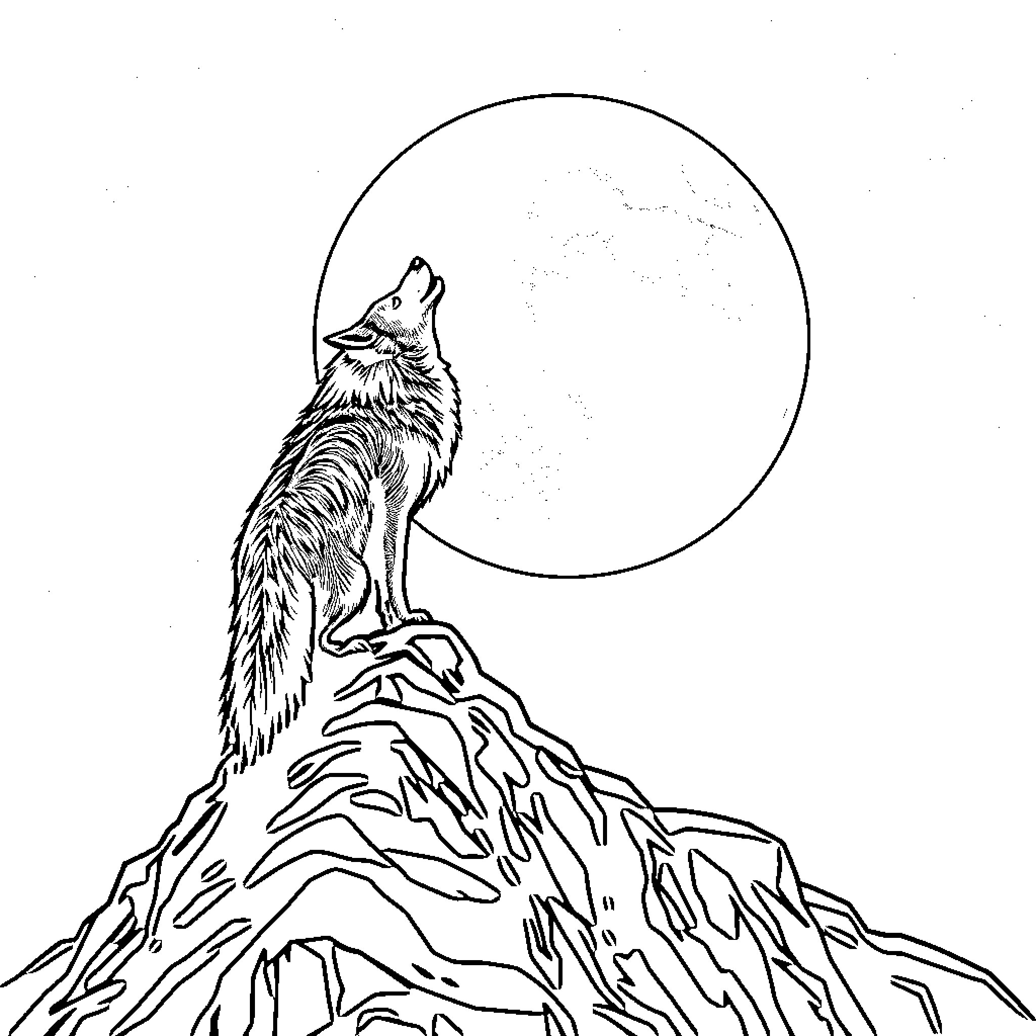 Wolf howling at the moon on a rocky cliffside Coloring Page (free black-and-white line drawing printable PDF for all, from beginners to advanced learners, including children, teens, adults, and seniors)