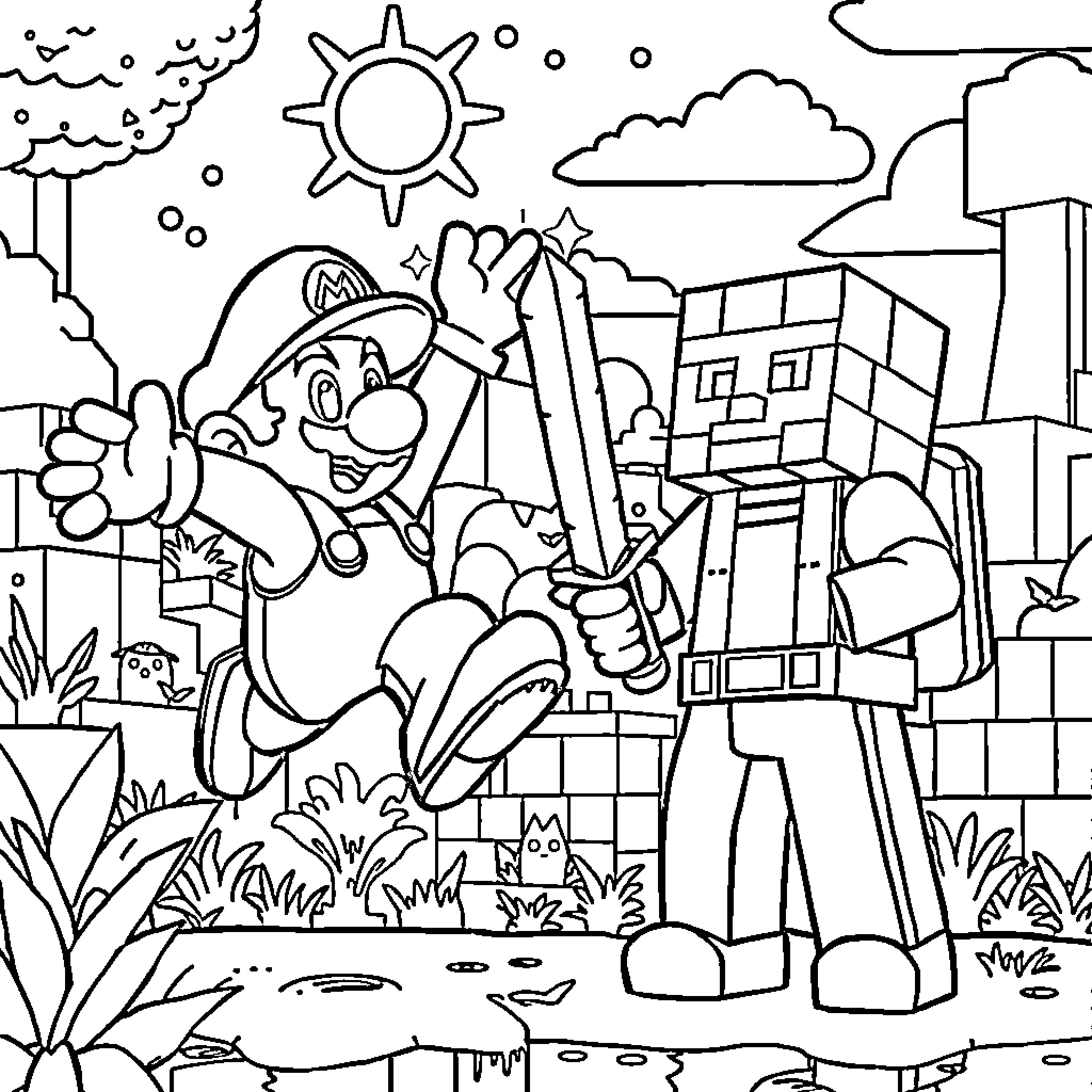 Mario exploring the colorful outdoor world Coloring Page (free black-and-white line drawing printable PDF for all, from beginners to advanced learners, including children, teens, adults, and seniors)