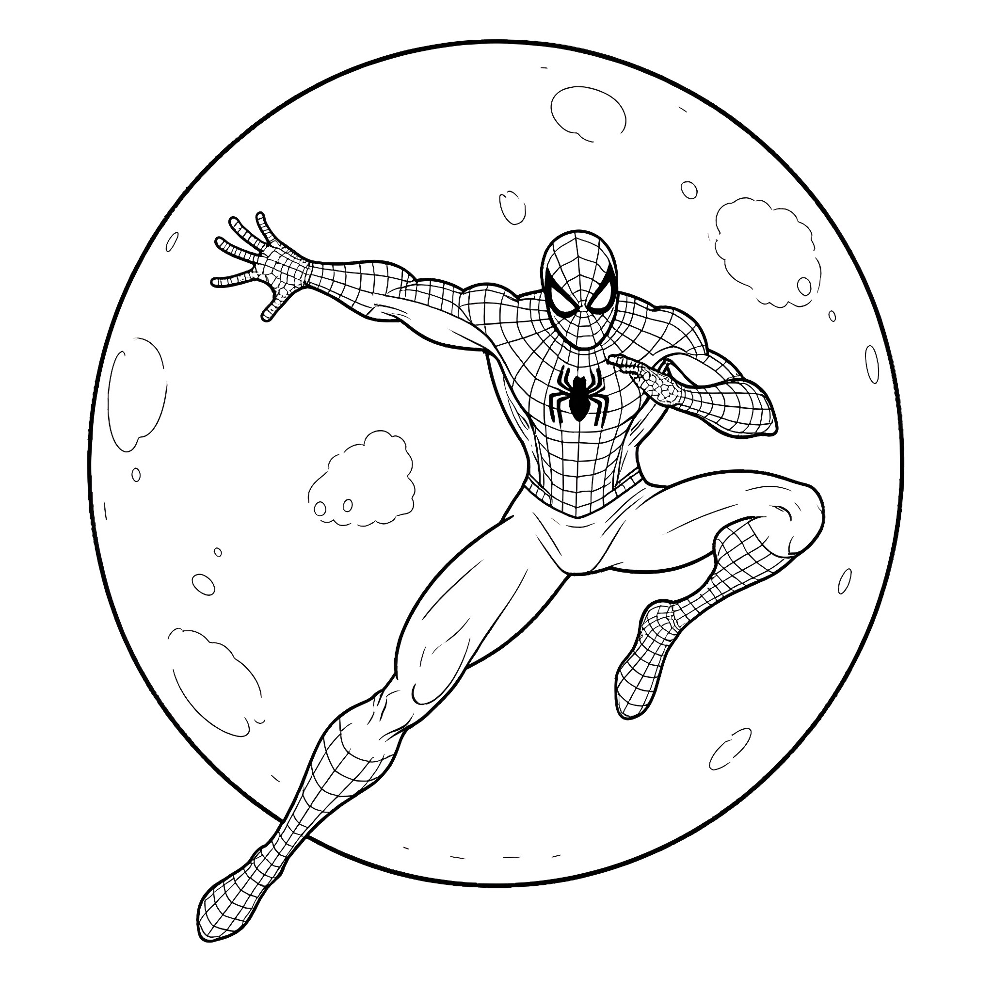 Spider-Man swinging through the city at night Coloring Page (free black-and-white line drawing printable PDF for all, from beginners to advanced learners, including children, teens, adults, and seniors)