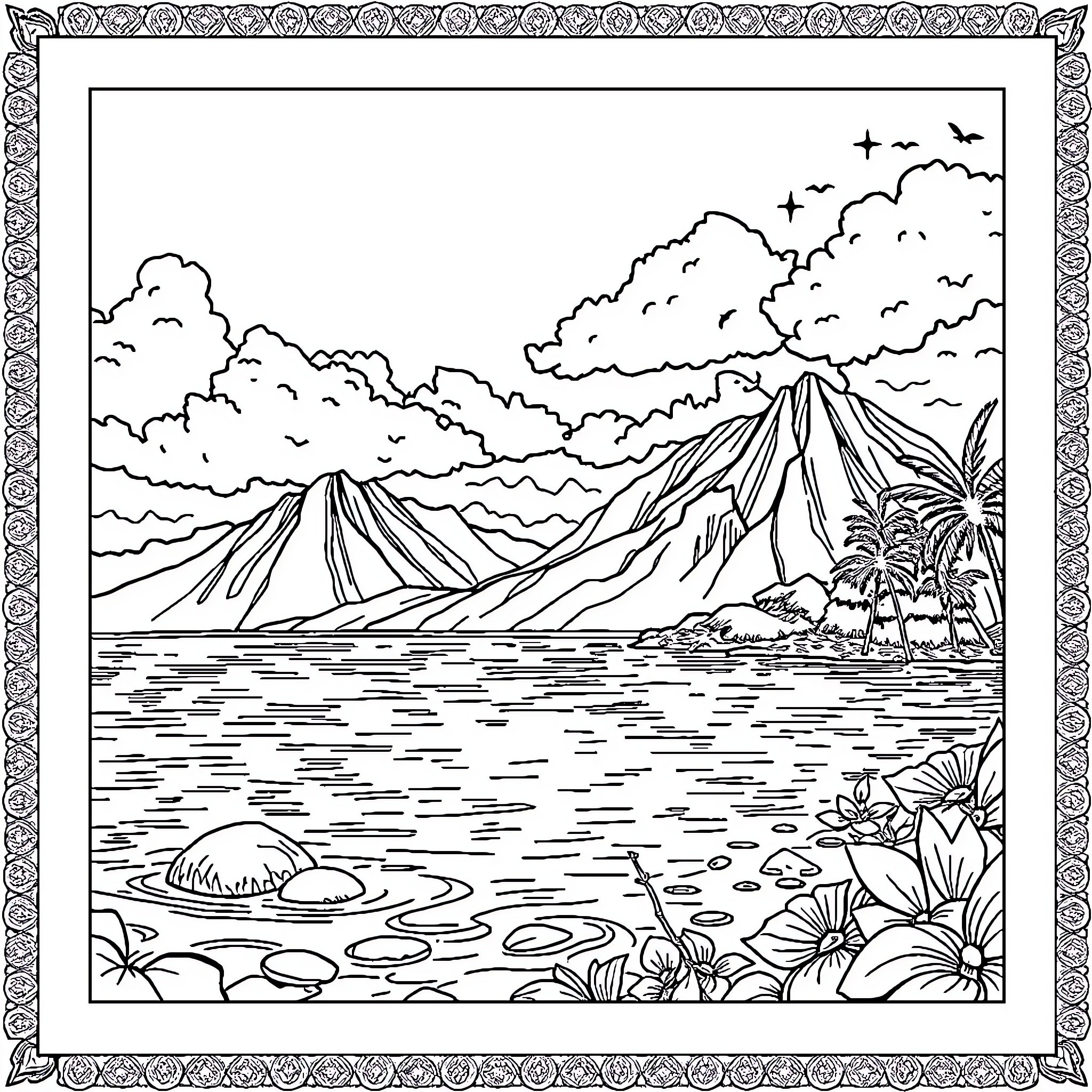 Vahaina: Serene Mountain Landscape by the Sea Coloring Page (free black-and-white line drawing printable PDF for all, from beginners to advanced learners, including children, teens, adults, and seniors)