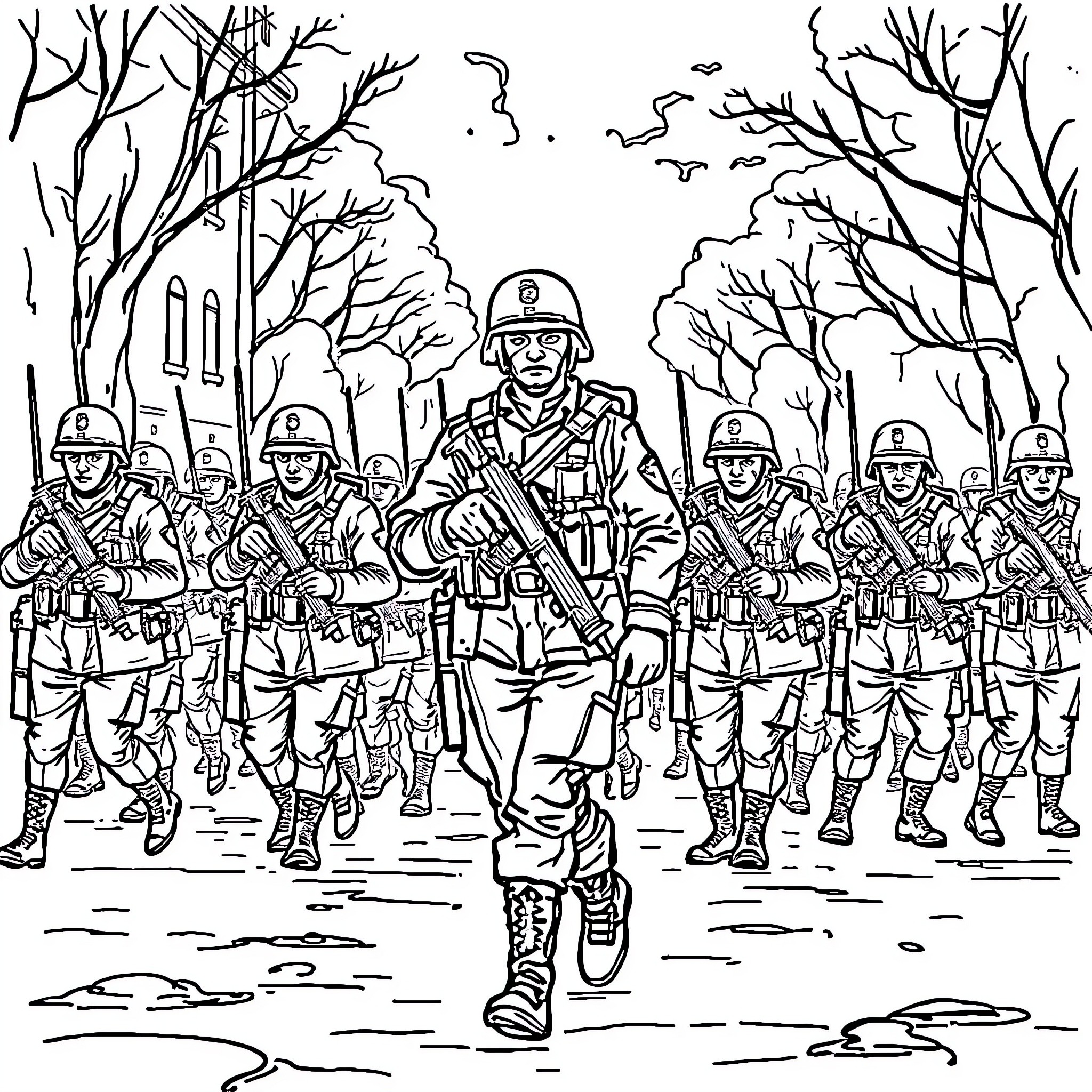 Soldier leading a battalion through the forest Coloring Page (free black-and-white line drawing printable PDF for all, from beginners to advanced learners, including children, teens, adults, and seniors)