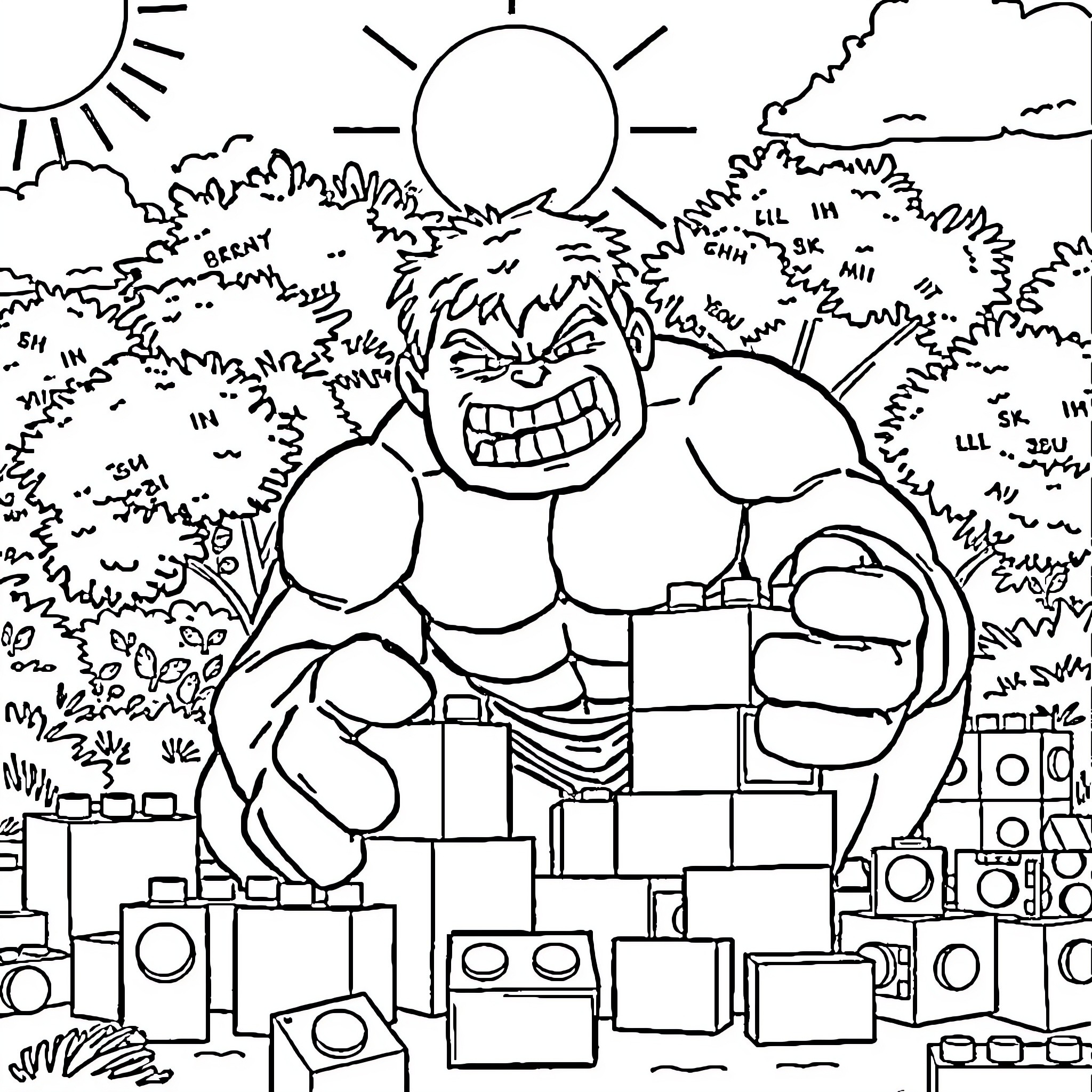 Hulk smashing through the city landscape Coloring Page (free black-and-white line drawing printable PDF for all, from beginners to advanced learners, including children, teens, adults, and seniors)