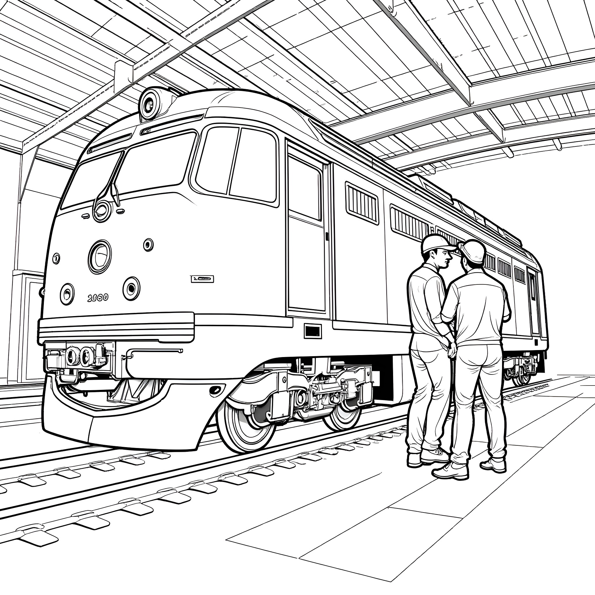 Mechanic inspecting train in maintenance shed Coloring Page (free black-and-white line drawing printable PDF for all, from beginners to advanced learners, including children, teens, adults, and seniors)