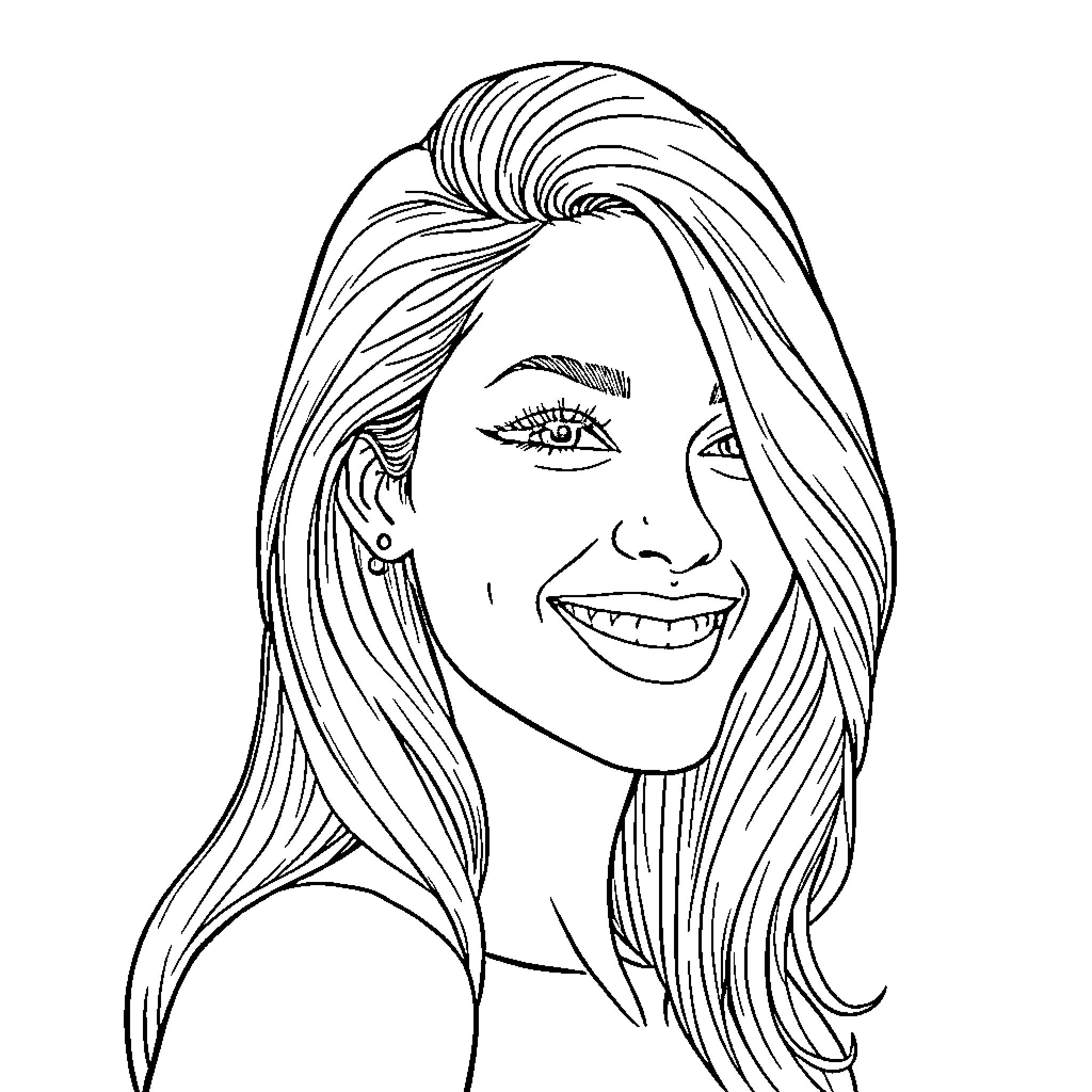 Woman with Flowing Hair and Joyful Expression Coloring Page (free black-and-white line drawing printable PDF for all, from beginners to advanced learners, including children, teens, adults, and seniors)