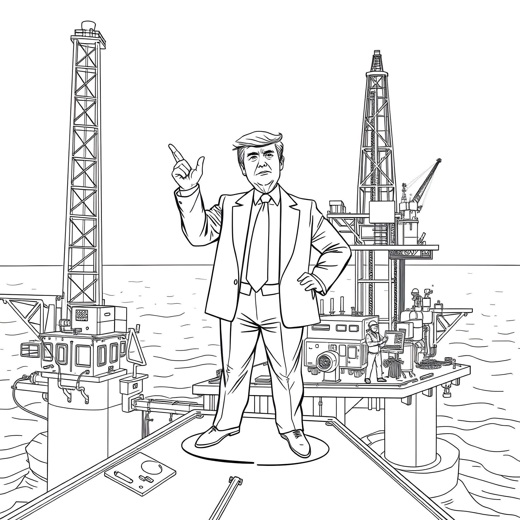 Trump gesturing on offshore oil platform Coloring Page (free black-and-white line drawing printable PDF for all, from beginners to advanced learners, including children, teens, adults, and seniors)