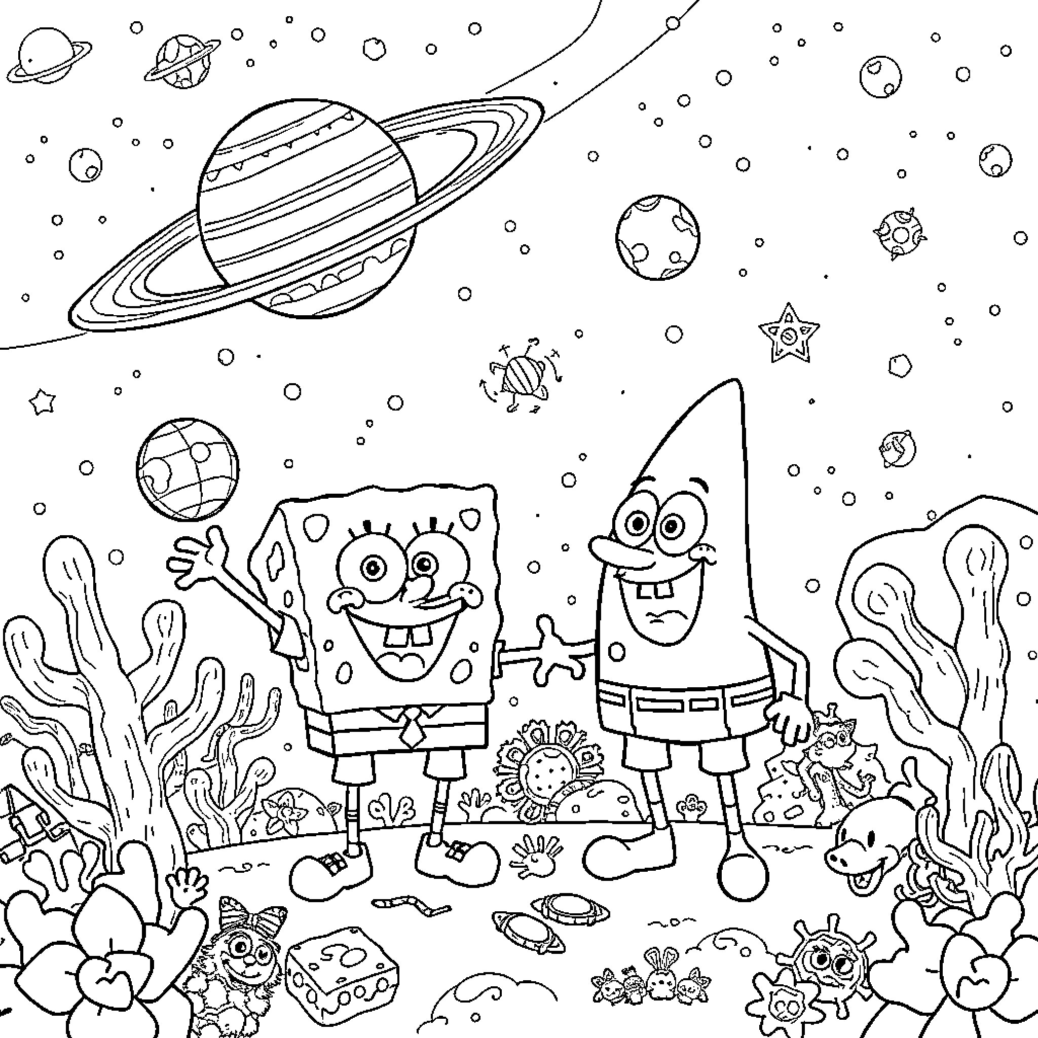 Spongebob and Patrick's Cosmic Adventure Coloring Page (free black-and-white line drawing printable PDF for all, from beginners to advanced learners, including children, teens, adults, and seniors)