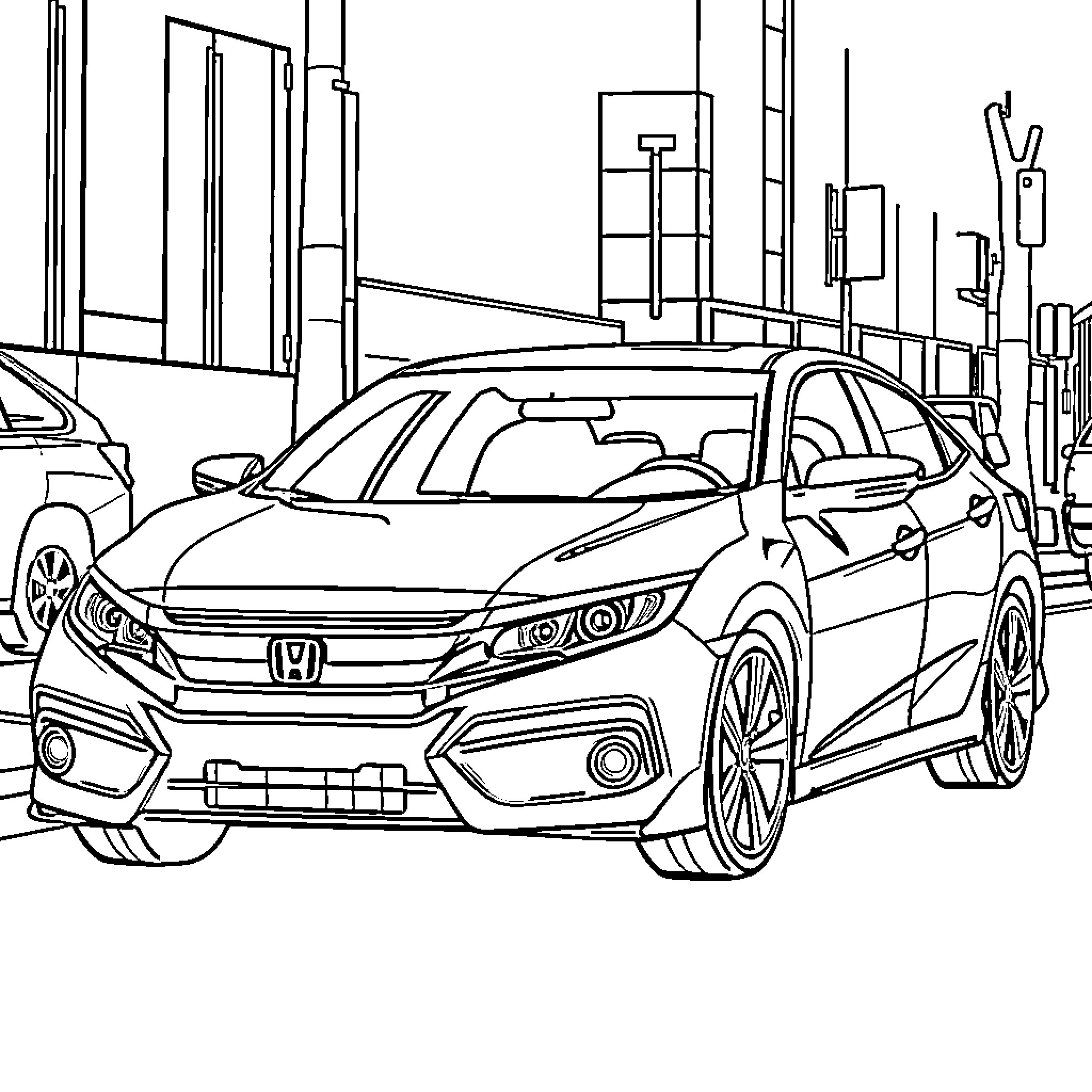 Honda Civic driving in the city Coloring Page (free black-and-white line drawing printable PDF for all, from beginners to advanced learners, including children, teens, adults, and seniors)