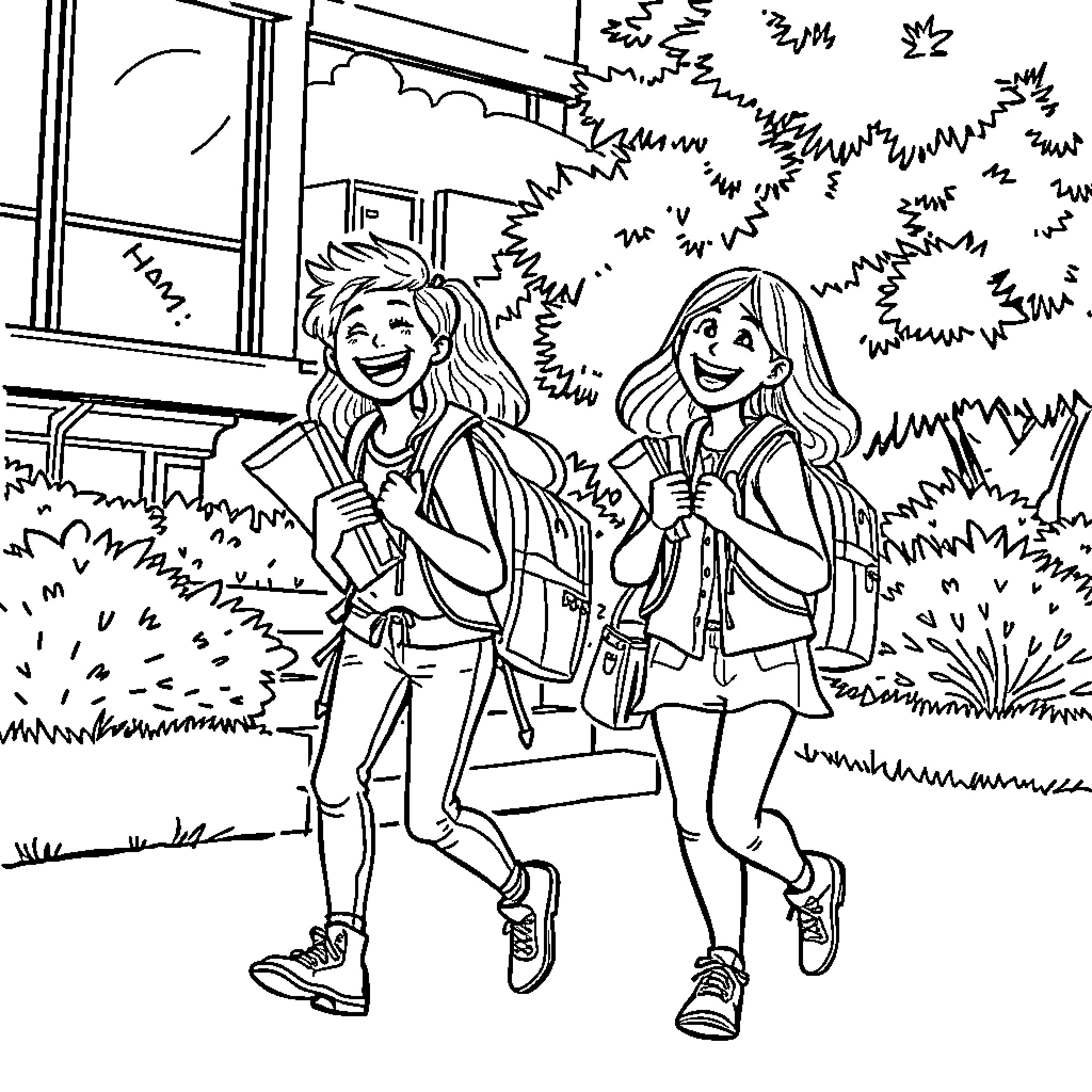 Twin Teenagers Walking Happily in the Park Coloring Page (free black-and-white line drawing printable PDF for all, from beginners to advanced learners, including children, teens, adults, and seniors)