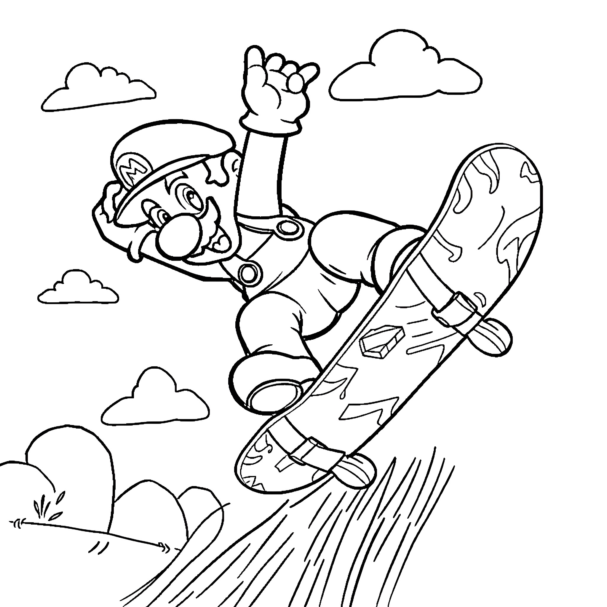 Mario Snowboarding Down Slopes in the Sky Coloring Page (free black-and-white line drawing printable PDF for all, from beginners to advanced learners, including children, teens, adults, and seniors)