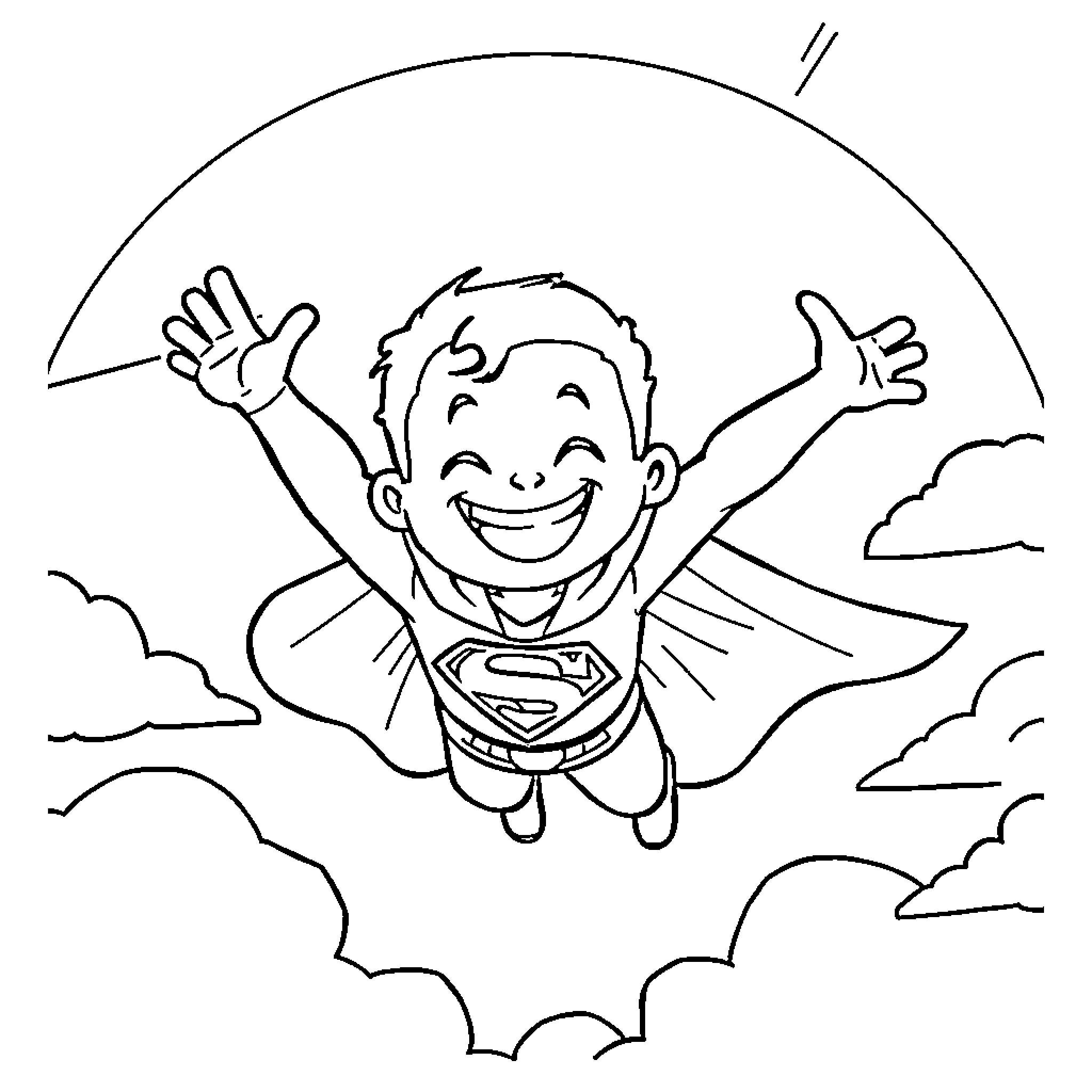 Superman joyfully soaring through the clouds Coloring Page (free black-and-white line drawing printable PDF for all, from beginners to advanced learners, including children, teens, adults, and seniors)