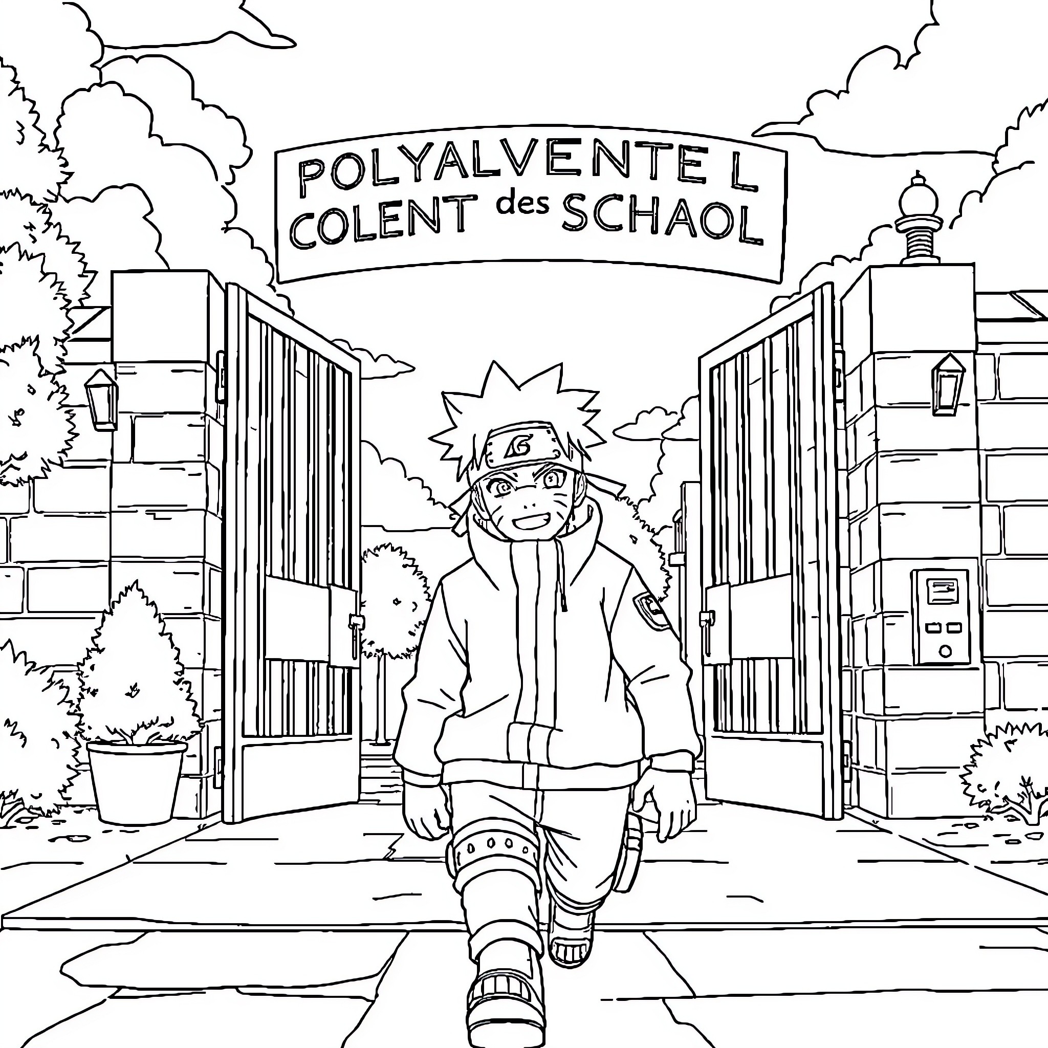 Naruto character entering the Polyalvente Colent des Schaol Coloring Page (free black-and-white line drawing printable PDF for all, from beginners to advanced learners, including children, teens, adults, and seniors)
