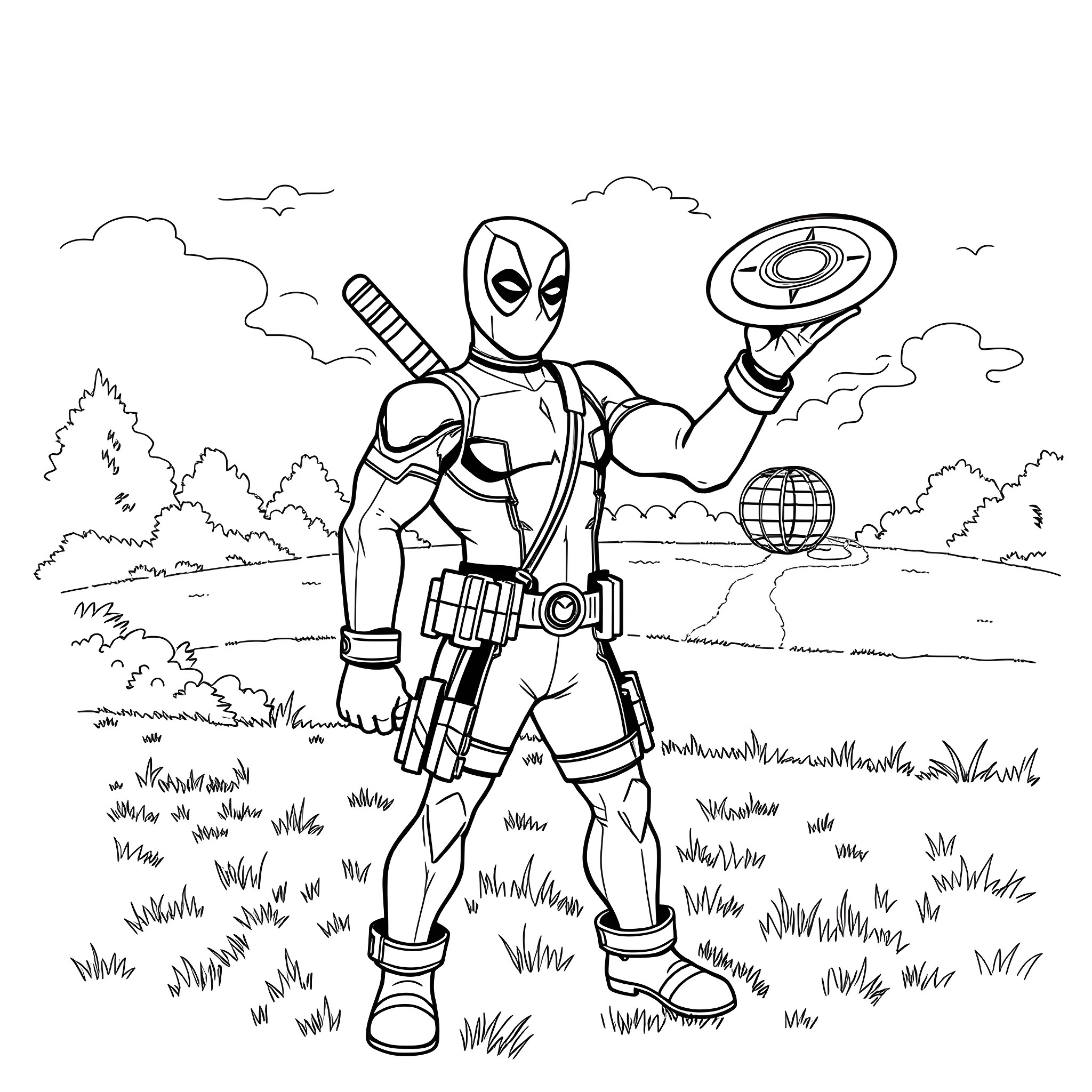 Deadpool in an outdoor setting, holding various weapons and equipment Coloring Page (free black-and-white line drawing printable PDF for all, from beginners to advanced learners, including children, teens, adults, and seniors)