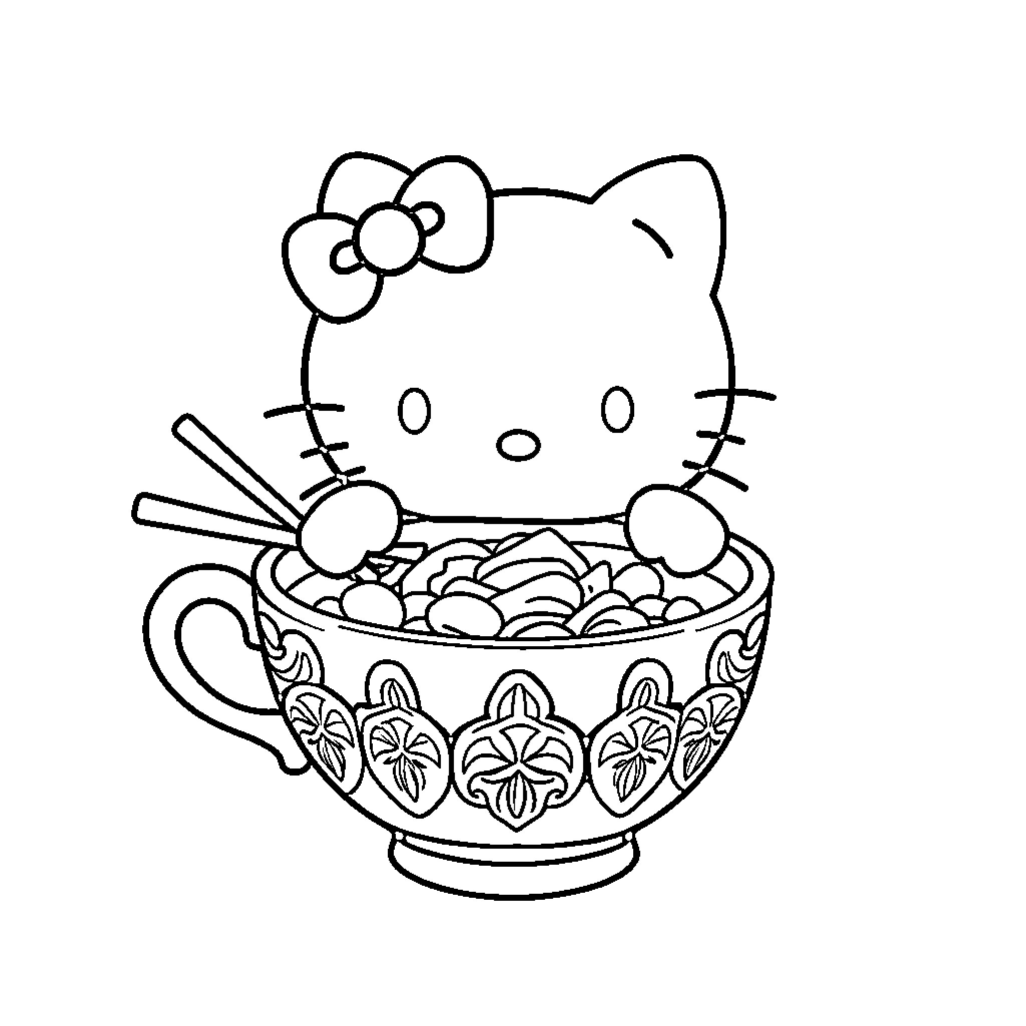 Hello Kitty enjoying a bowl of sweets Coloring Page (free black-and-white line drawing printable PDF for all, from beginners to advanced learners, including children, teens, adults, and seniors)