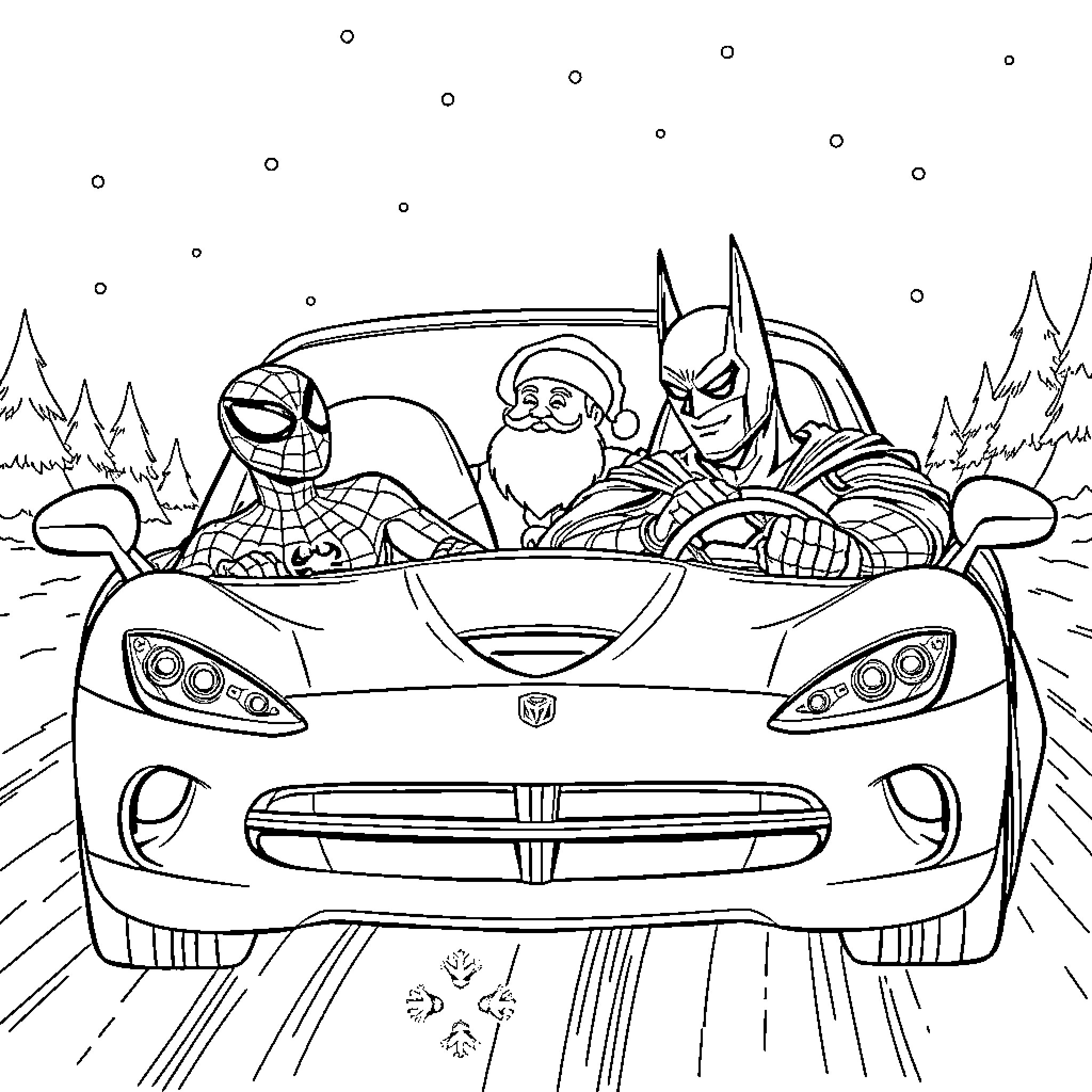 Spiderman and Batman enjoying a winter drive in a sports car Coloring Page (free black-and-white line drawing printable PDF for all, from beginners to advanced learners, including children, teens, adults, and seniors)