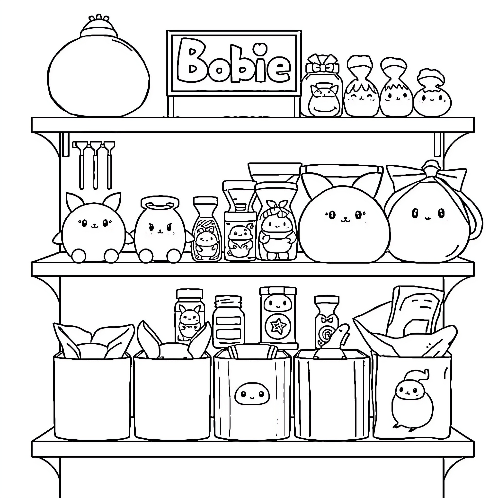 Bobie's Toy Shelf with Adorable Figurines Coloring Page (free black-and-white line drawing printable PDF for all, from beginners to advanced learners, including children, teens, adults, and seniors)