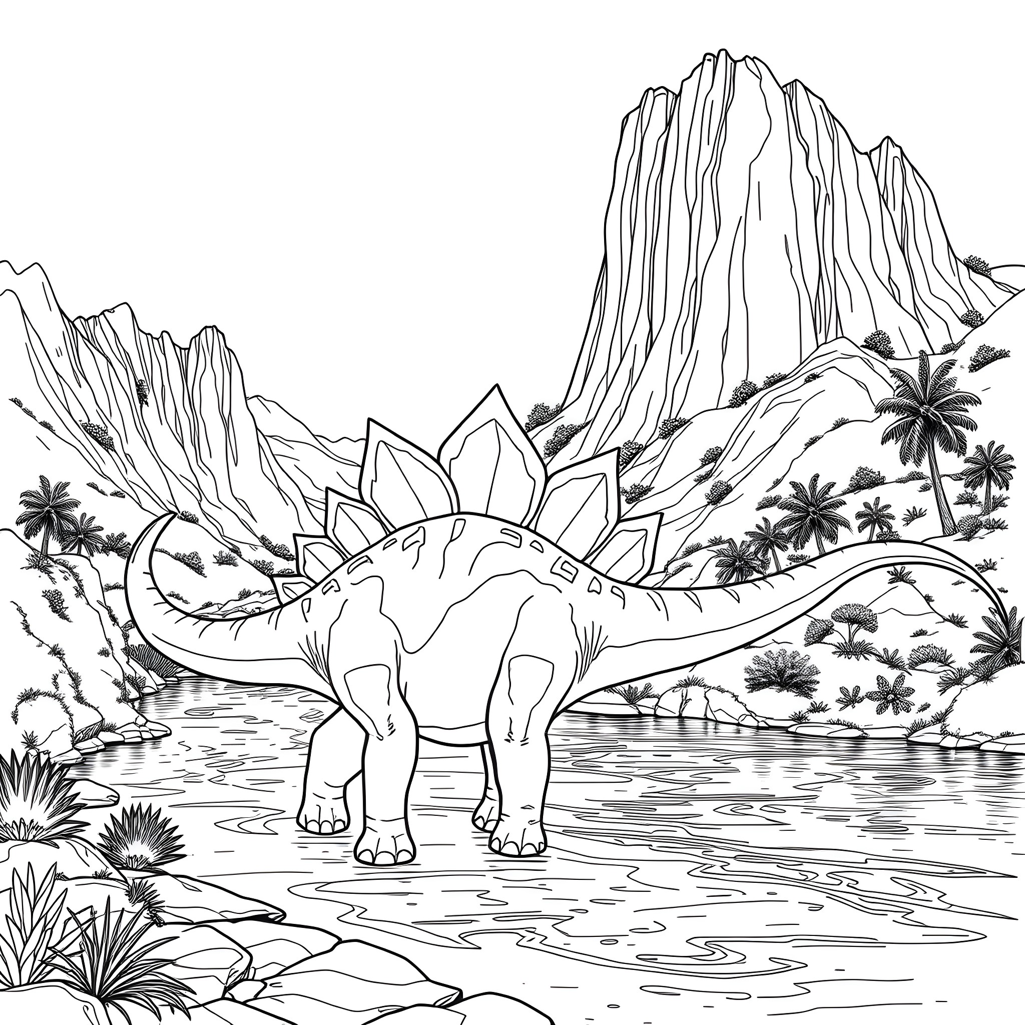 Stegosaurus roaming in prehistoric jungle landscape Coloring Page (free black-and-white line drawing printable PDF for all, from beginners to advanced learners, including children, teens, adults, and seniors)