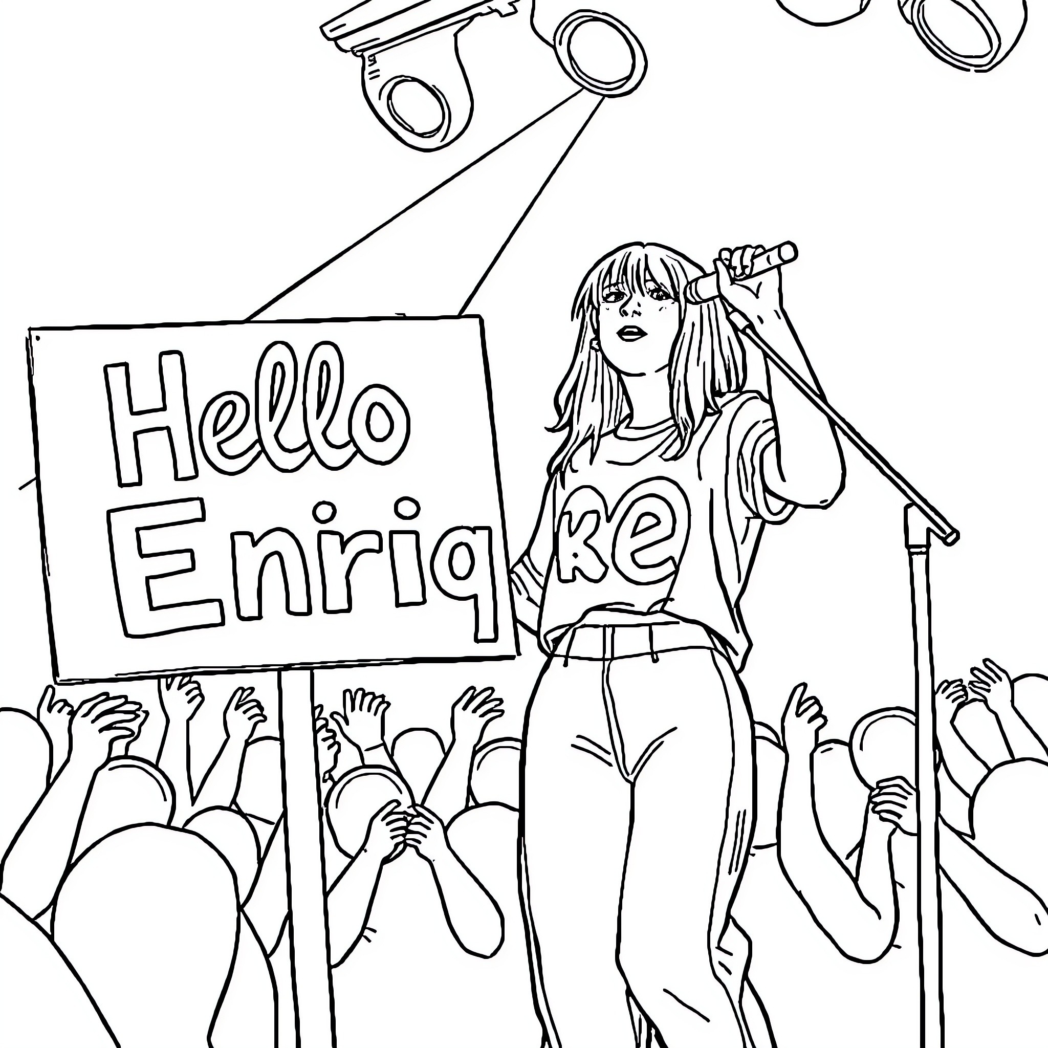Billie Eilish on stage performing for a cheering crowd Coloring Page (free black-and-white line drawing printable PDF for all, from beginners to advanced learners, including children, teens, adults, and seniors)