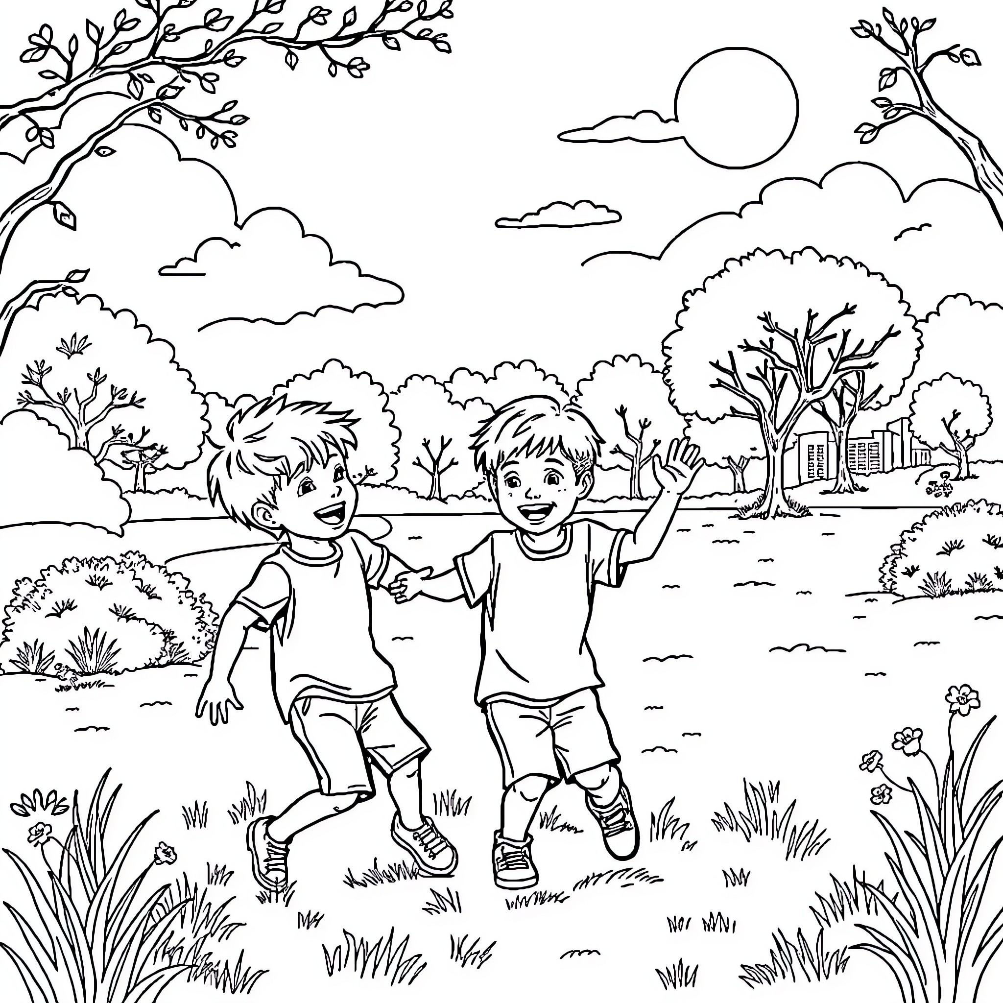 Boy friends playing happily in the park Coloring Page (free black-and-white line drawing printable PDF for all, from beginners to advanced learners, including children, teens, adults, and seniors)