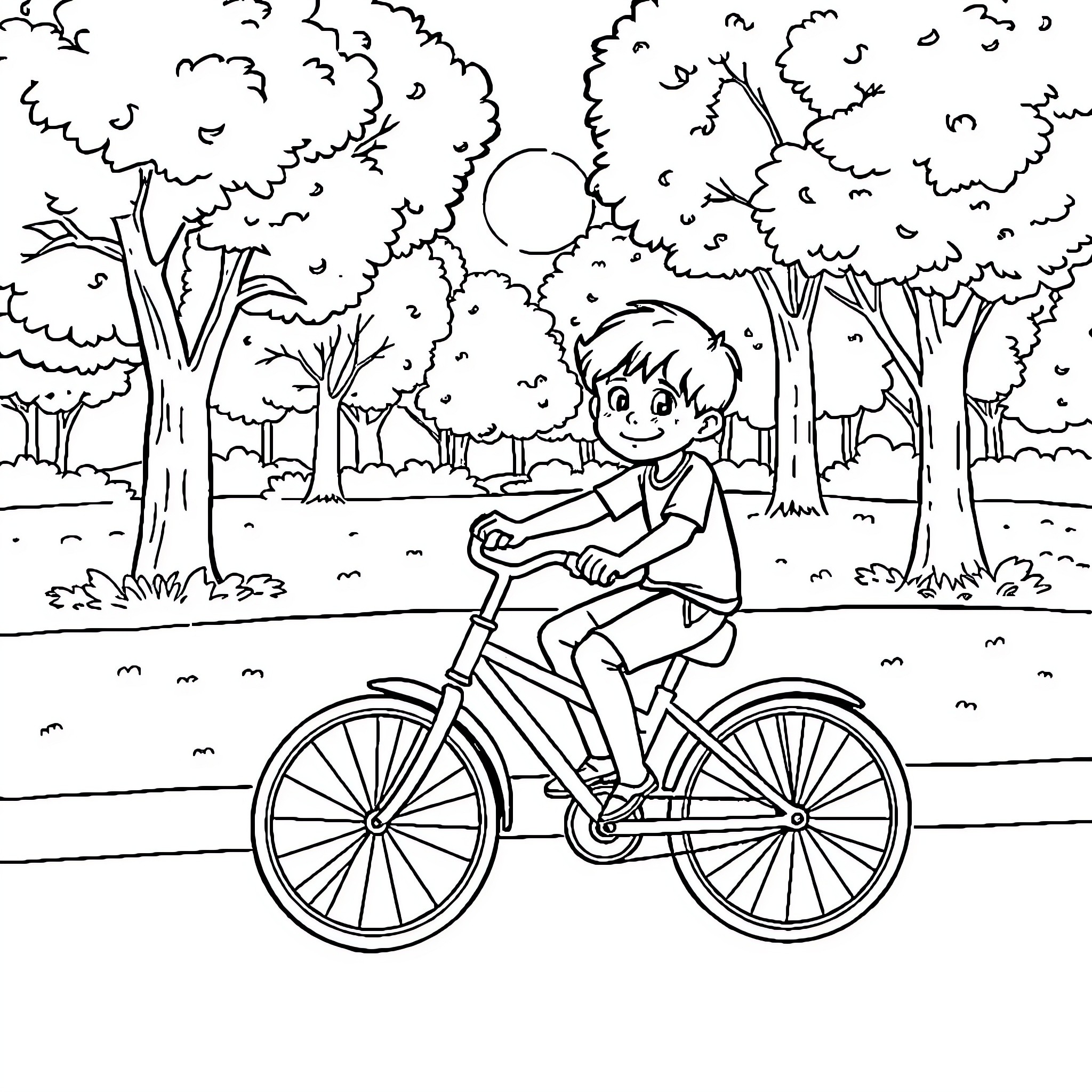 Kid riding bicycle in peaceful forest scene Coloring Page (free black-and-white line drawing printable PDF for all, from beginners to advanced learners, including children, teens, adults, and seniors)