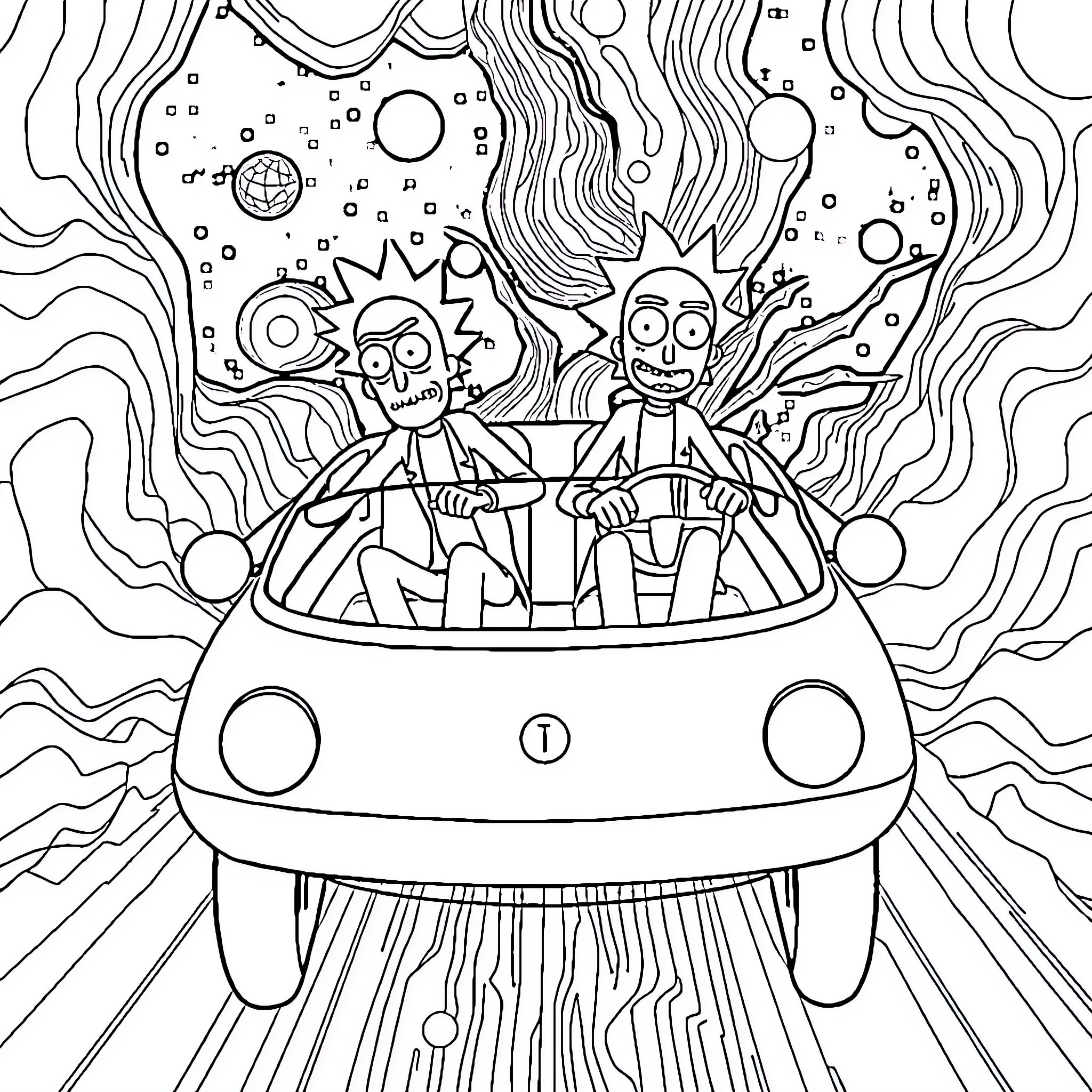 Rick And Morty Riding in Spaceship Through Cosmic Scene Coloring Page (free black-and-white line drawing printable PDF for all, from beginners to advanced learners, including children, teens, adults, and seniors)